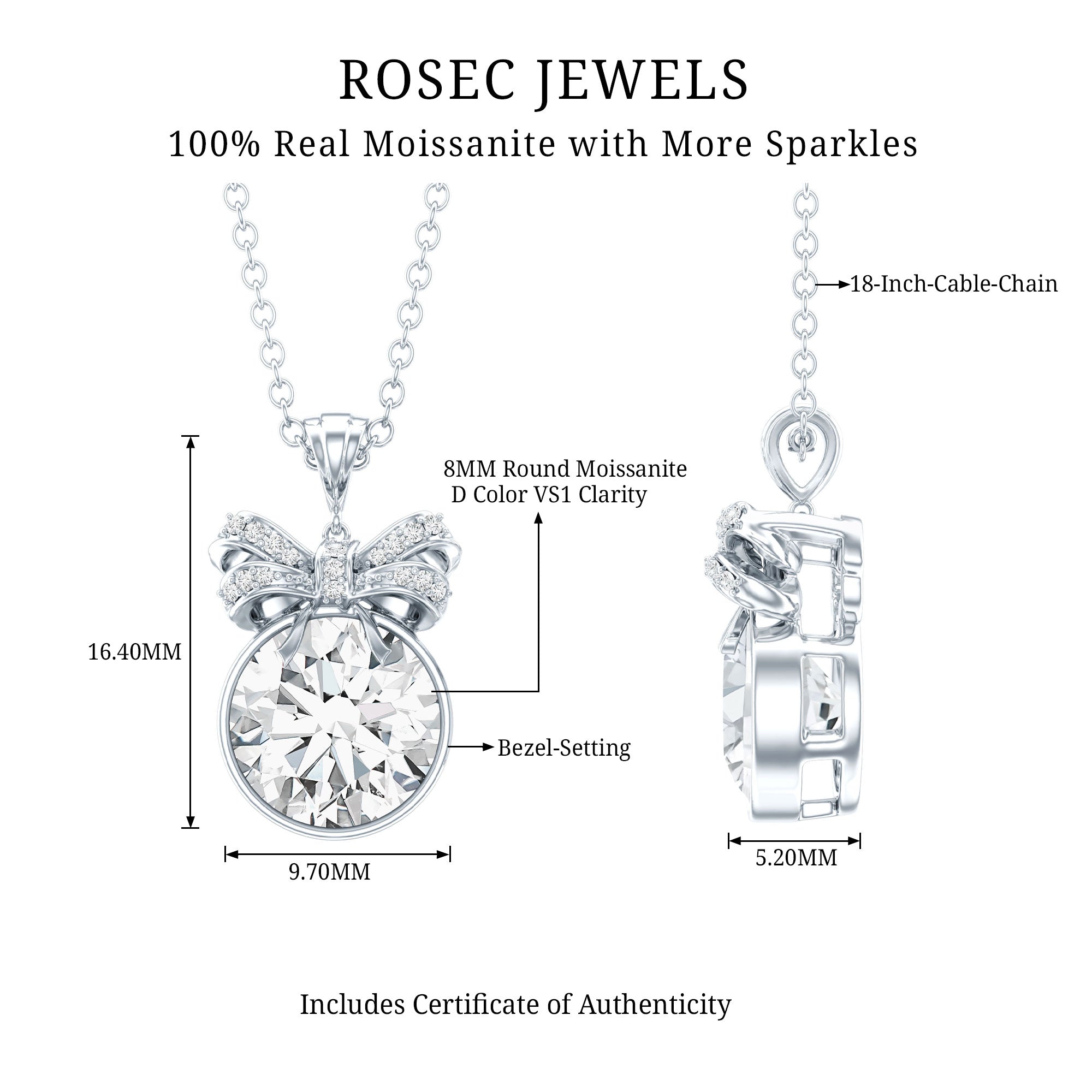 Bezel Set 2 Carat Moissanite Pendant with Bow D-VS1 92.5 Sterling Silver - Rosec Jewels
