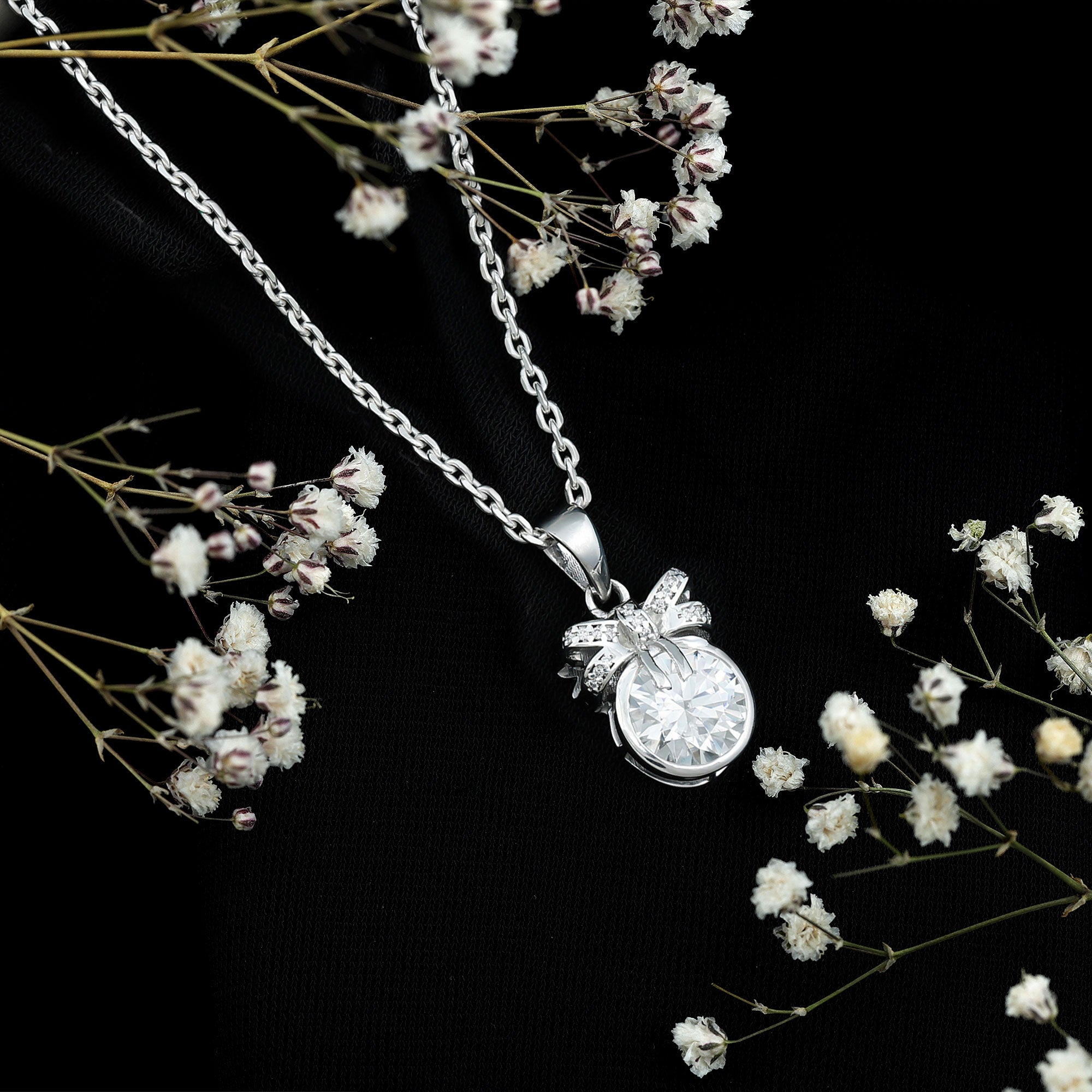 Bezel Set 2 Carat Moissanite Pendant with Bow D-VS1 92.5 Sterling Silver - Rosec Jewels
