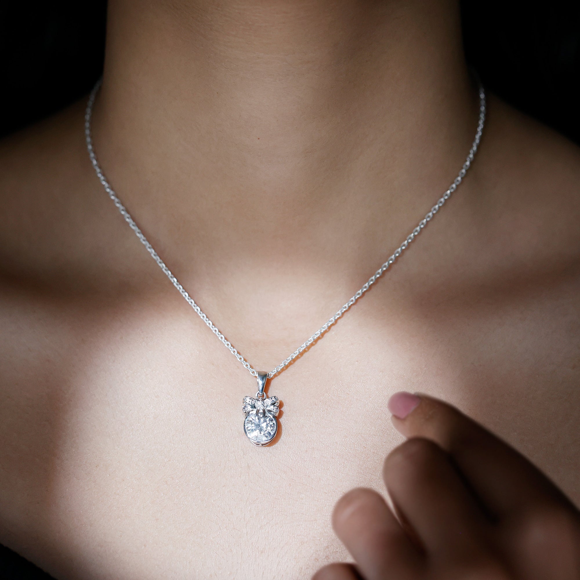 Bezel Set 2 Carat Moissanite Pendant with Bow D-VS1 92.5 Sterling Silver - Rosec Jewels