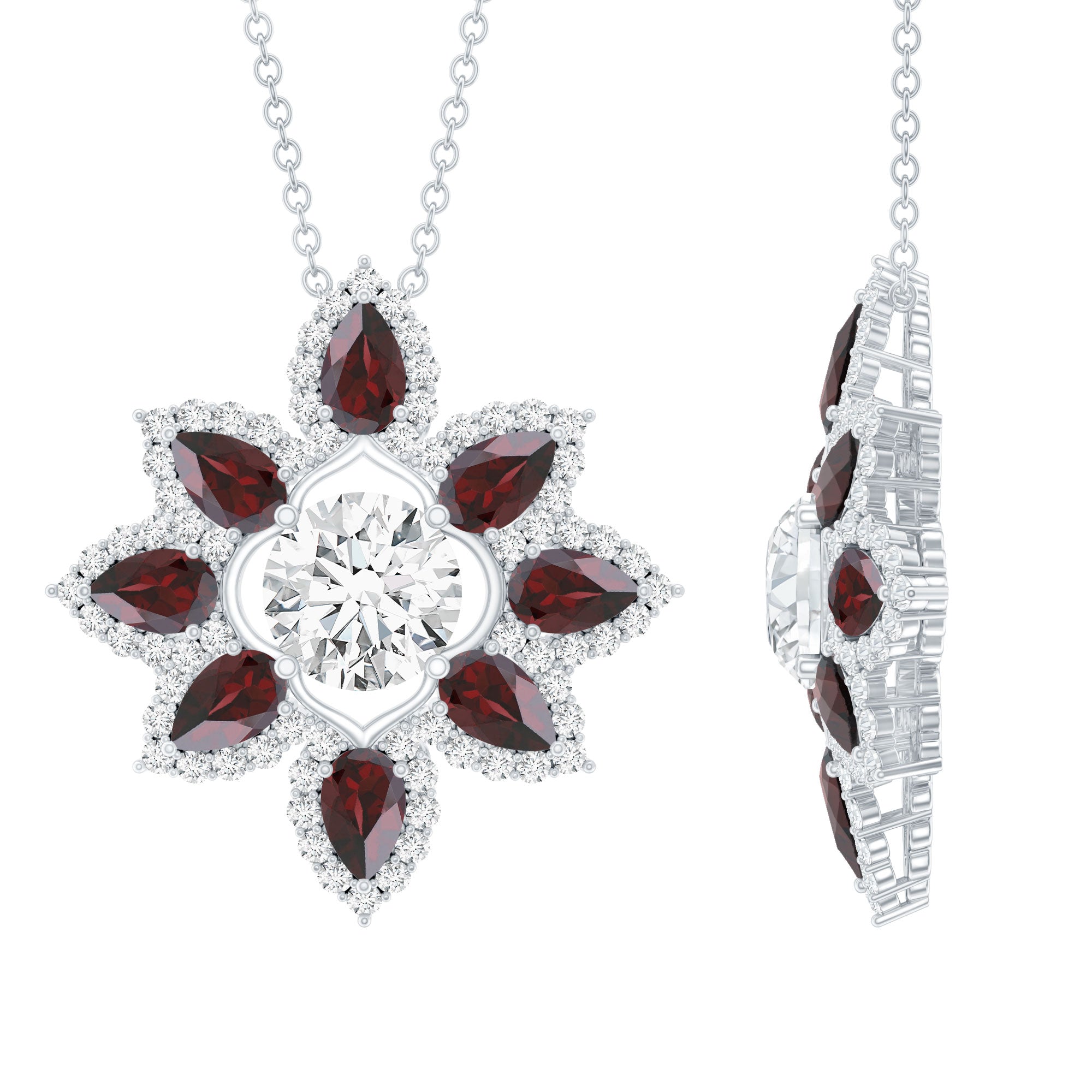 Certified Moissanite and Garnet Flower Pendant