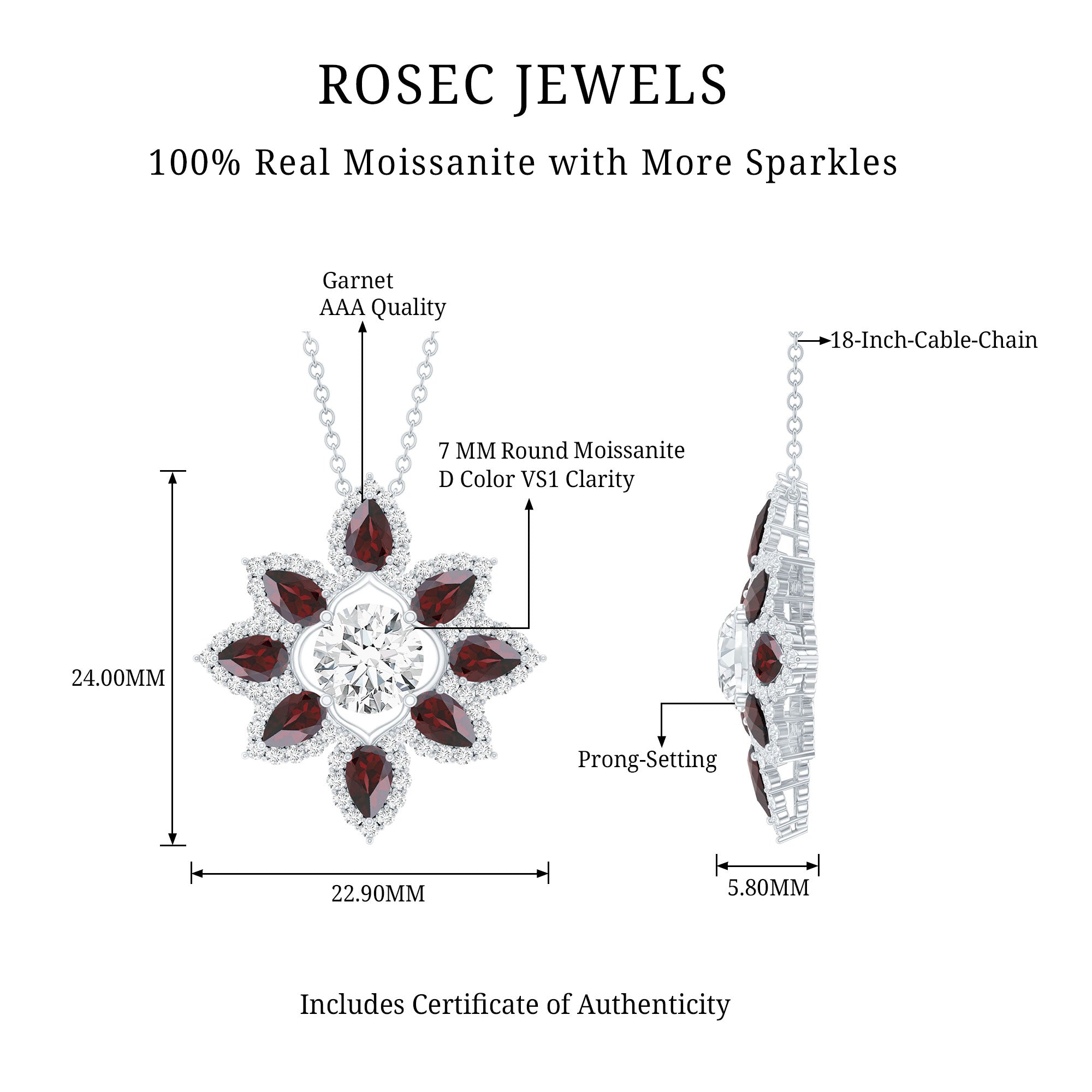 Certified 1.36 Carat Moissanite Statement Flower Necklace with Garnet D-VS1 92.5 Sterling Silver - Rosec Jewels