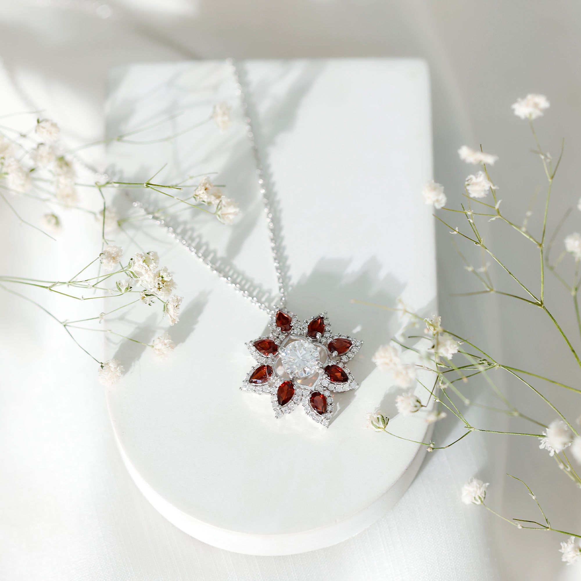 Certified 1.36 Carat Moissanite Statement Flower Necklace with Garnet D-VS1 92.5 Sterling Silver - Rosec Jewels