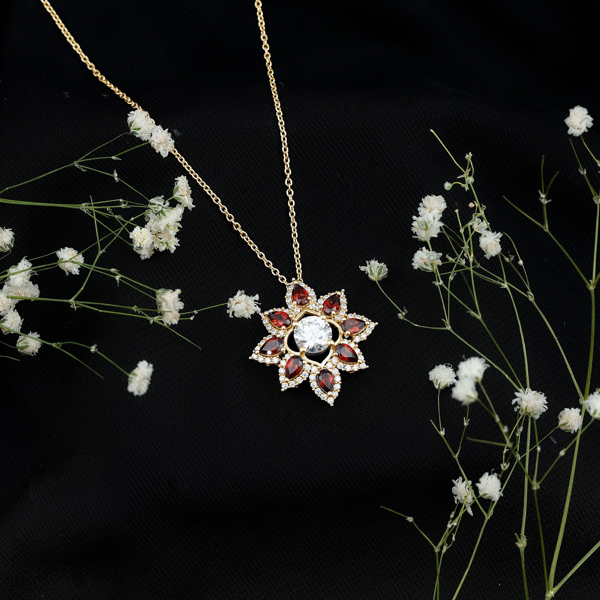 Certified Moissanite and Garnet Flower Pendant D-VS1 - Rosec Jewels