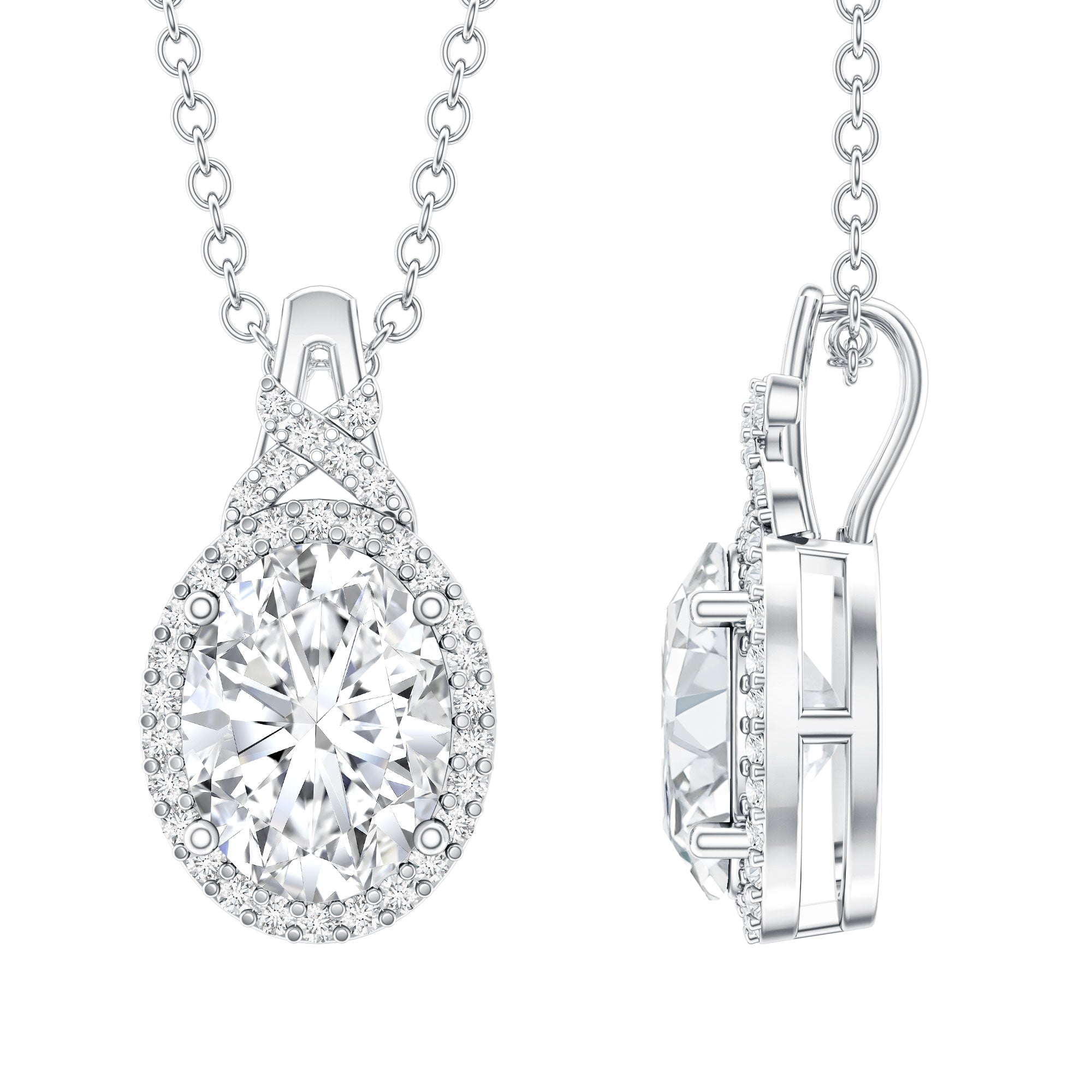 1 Carat Certified Moissanite Oval Pendant with Halo D-VS1 92.5 Sterling Silver - Rosec Jewels
