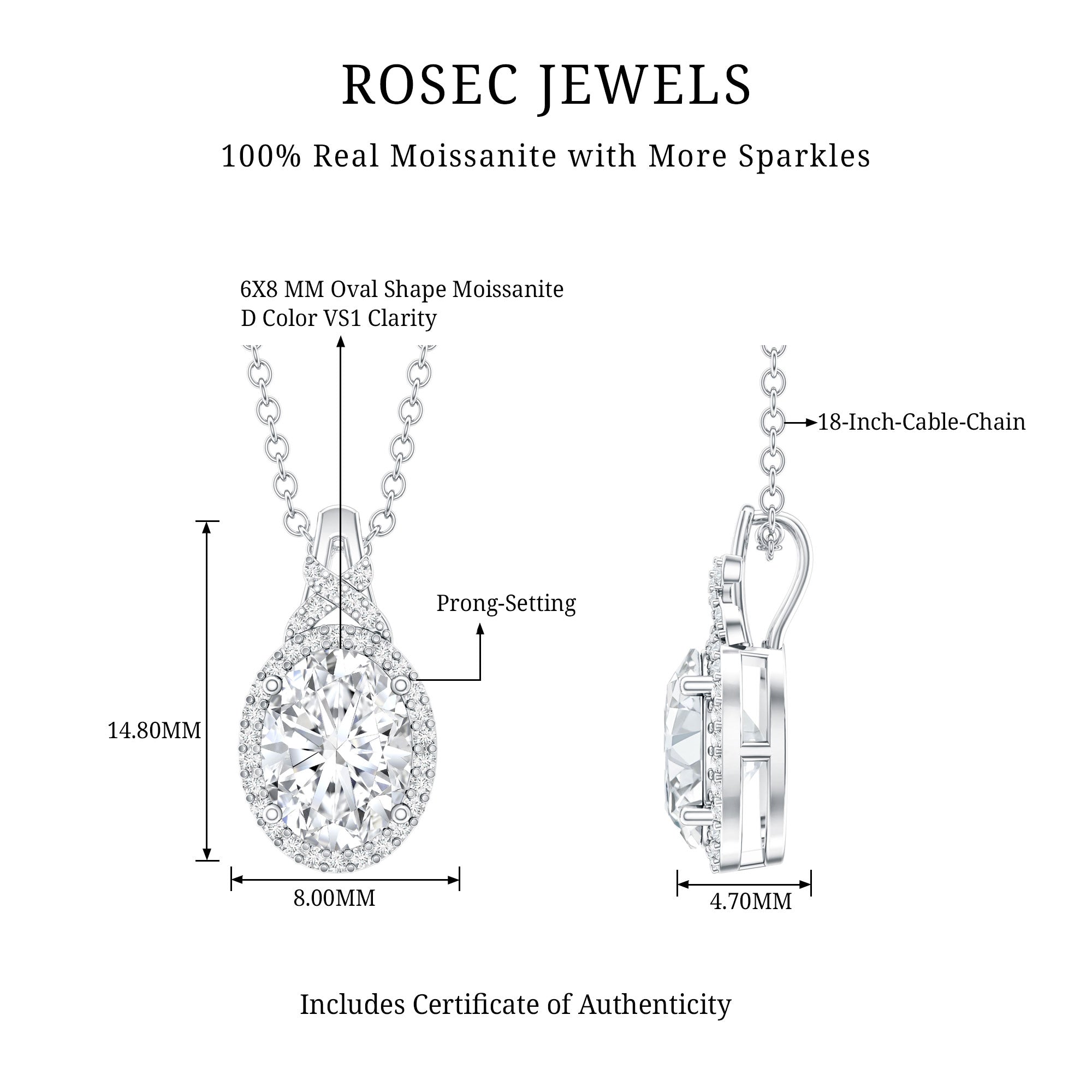 1 Carat Certified Moissanite Oval Pendant with Halo D-VS1 92.5 Sterling Silver - Rosec Jewels
