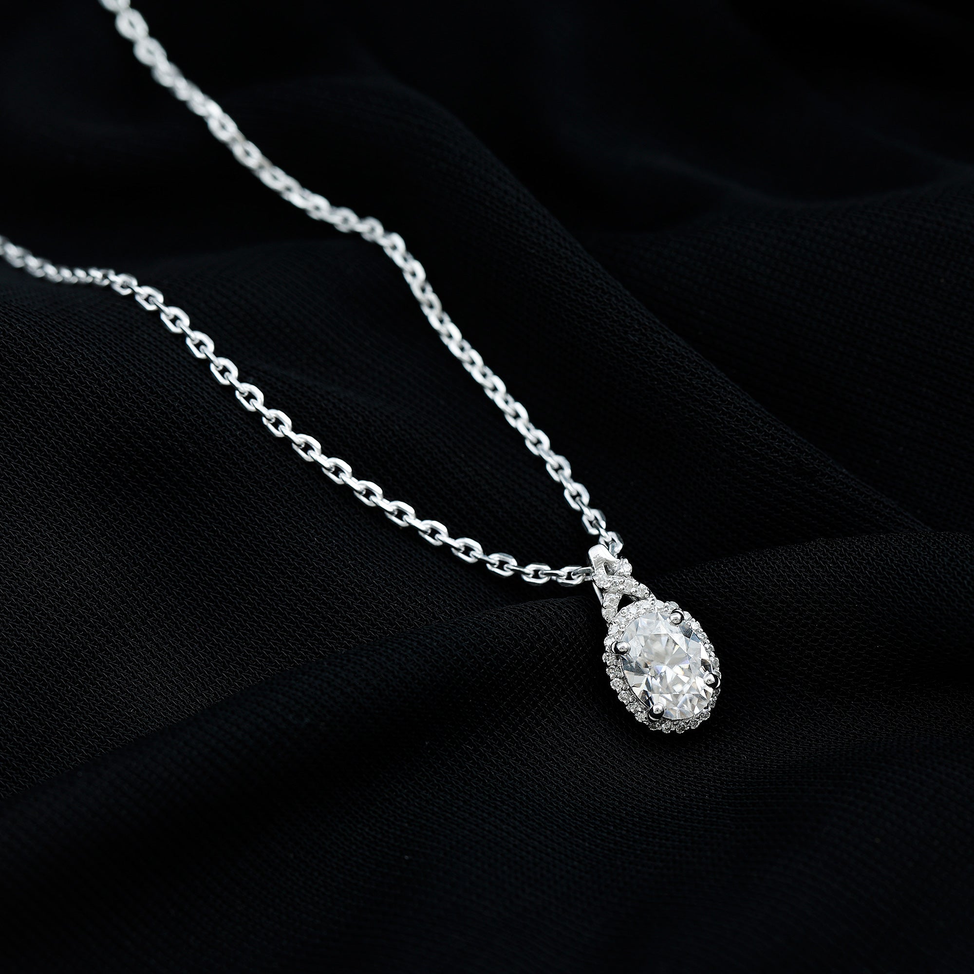 1 Carat Certified Moissanite Oval Pendant with Halo D-VS1 92.5 Sterling Silver - Rosec Jewels