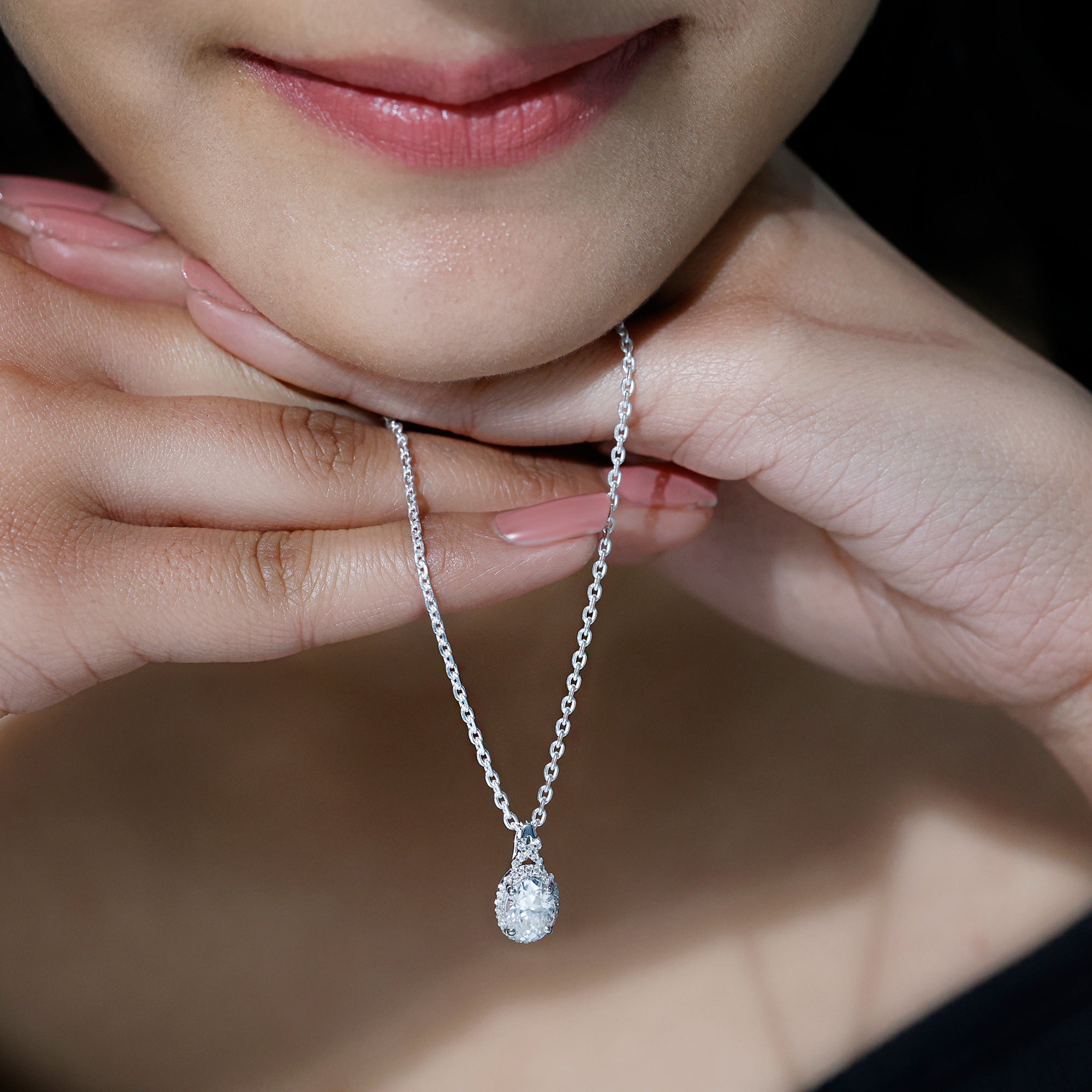 1 Carat Certified Moissanite Oval Pendant with Halo D-VS1 92.5 Sterling Silver - Rosec Jewels