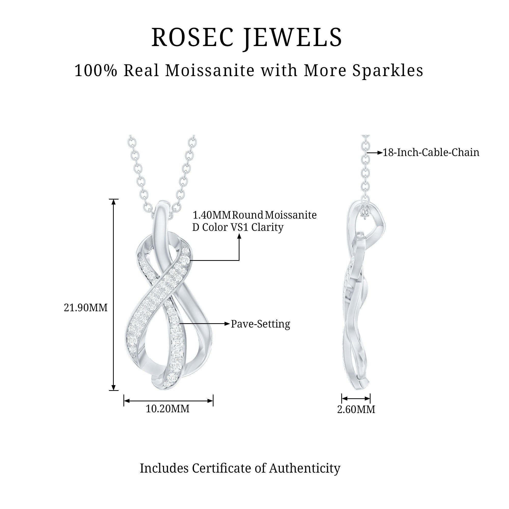 Pave Set Moissanite Infinity Knot Necklace with Silver Chain D-VS1 92.5 Sterling Silver - Rosec Jewels