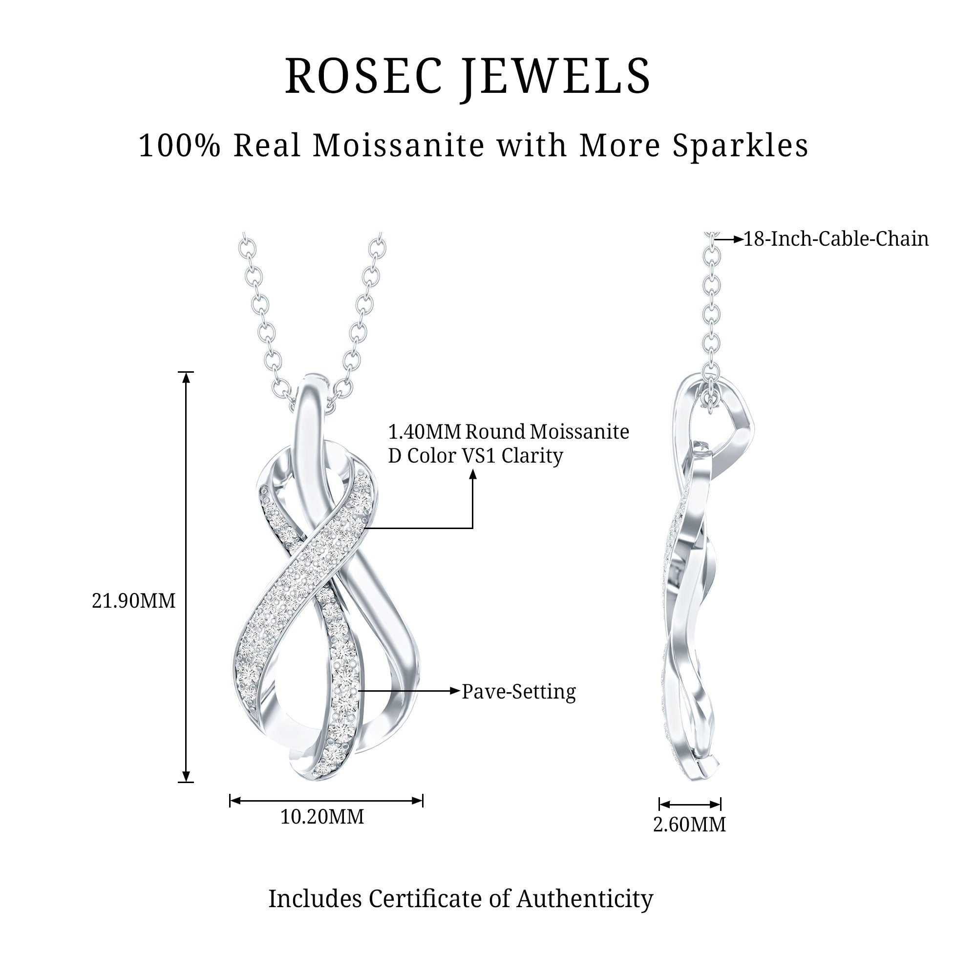 Pave Set Moissanite Infinity Knot Necklace with Silver Chain D-VS1 92.5 Sterling Silver - Rosec Jewels