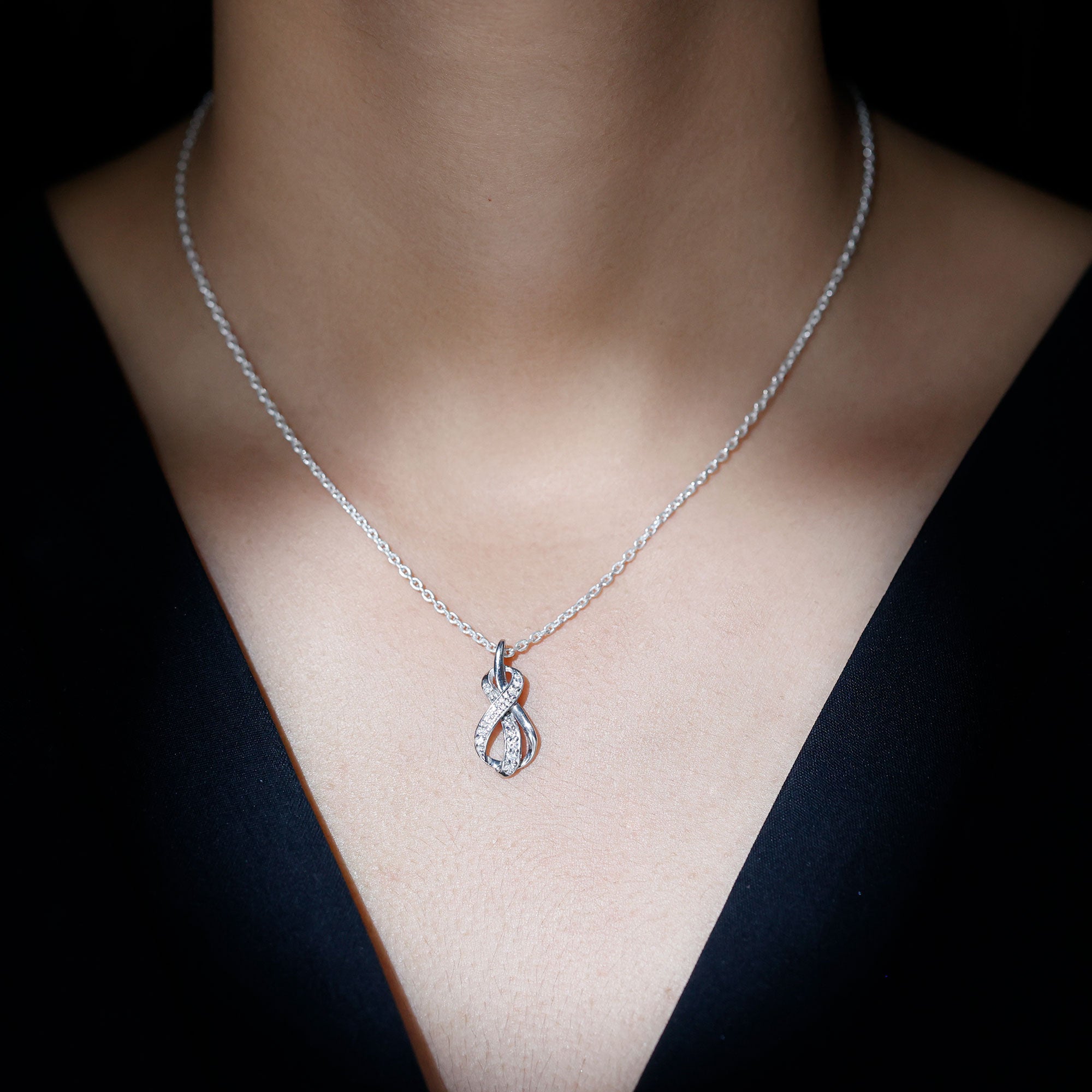 Pave Set Moissanite Infinity Knot Necklace with Silver Chain D-VS1 92.5 Sterling Silver - Rosec Jewels
