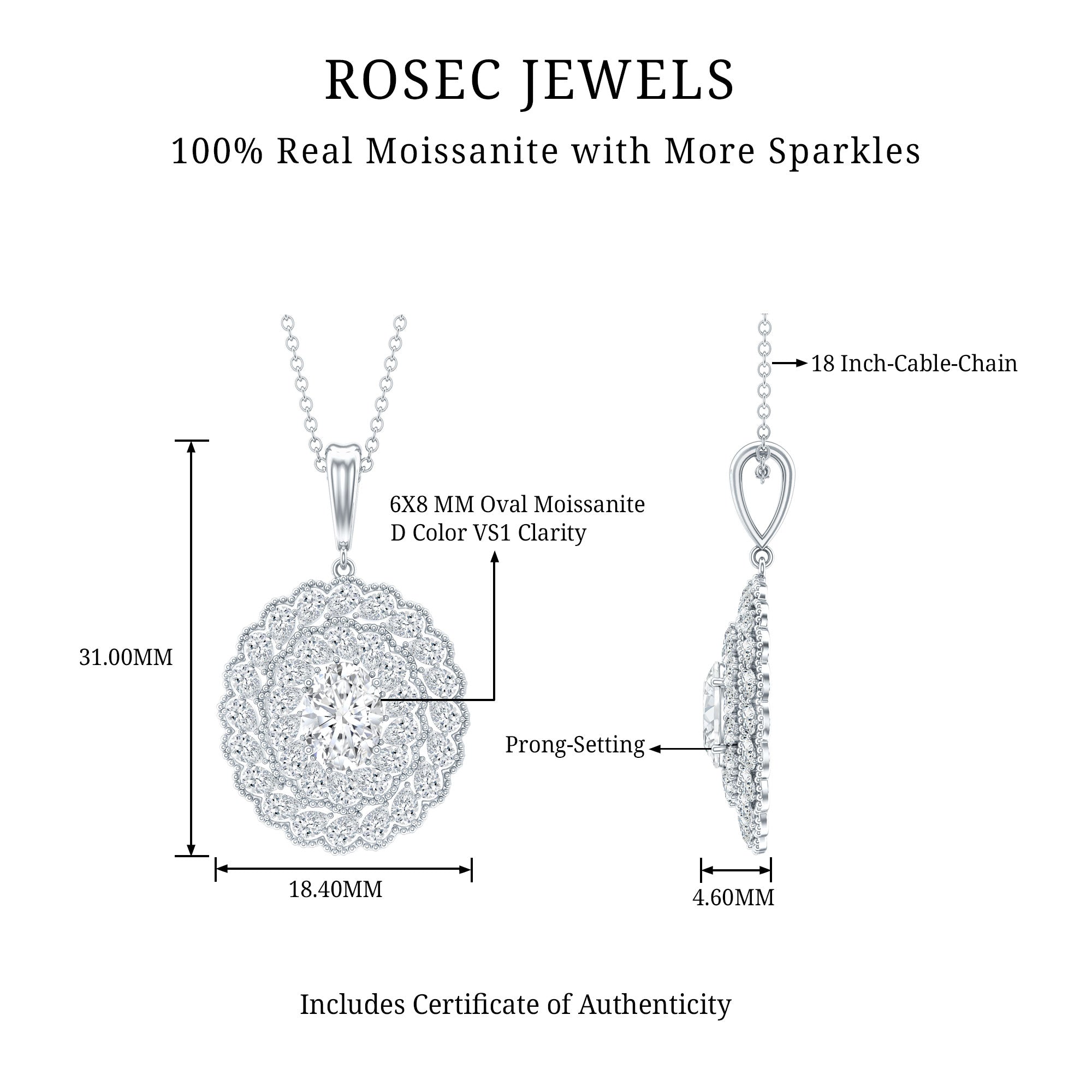 Certified 1.29 Carat Oval Moissanite Bridal Statement Necklace with Chain D-VS1 92.5 Sterling Silver - Rosec Jewels