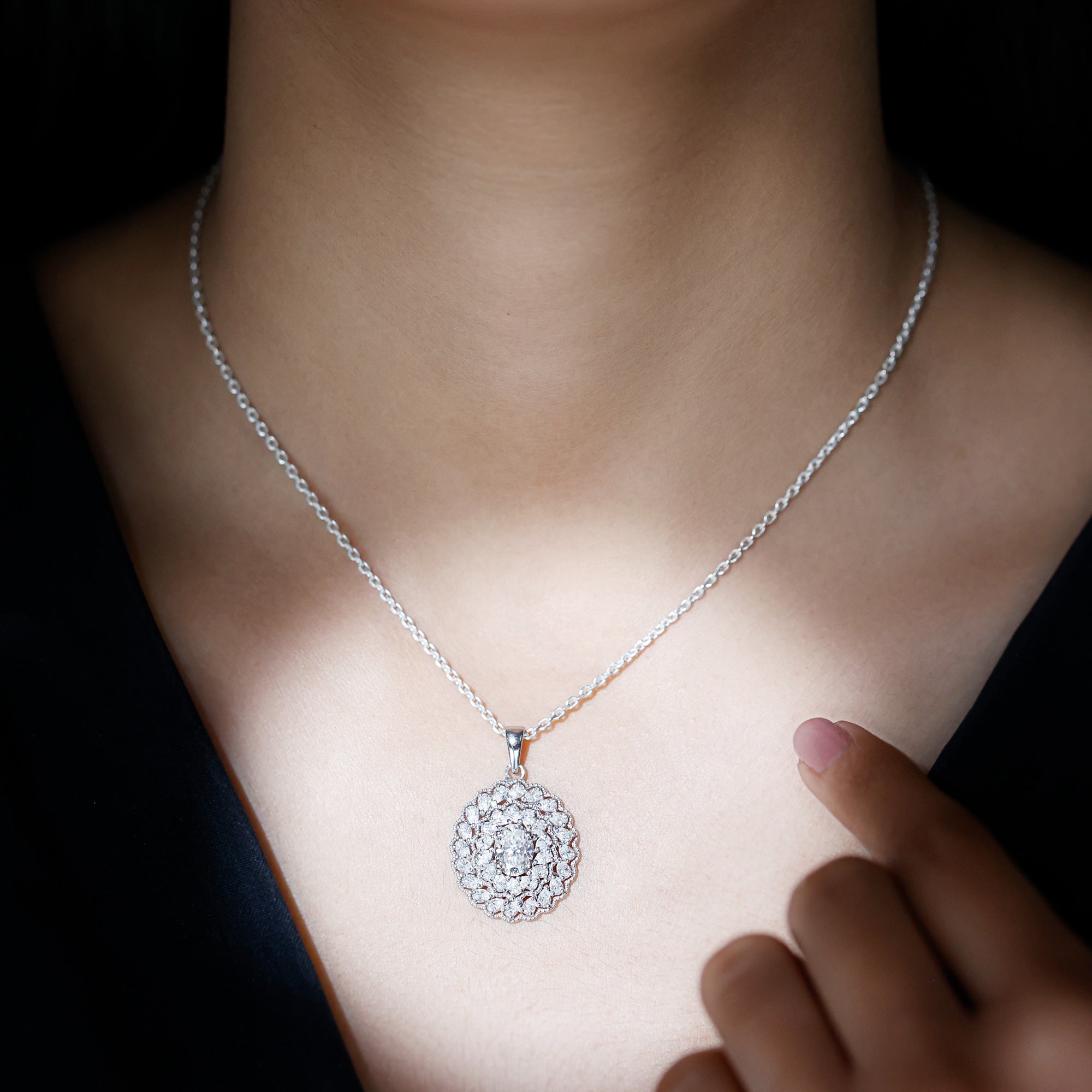 Certified 1.29 Carat Oval Moissanite Bridal Statement Necklace with Chain D-VS1 92.5 Sterling Silver - Rosec Jewels