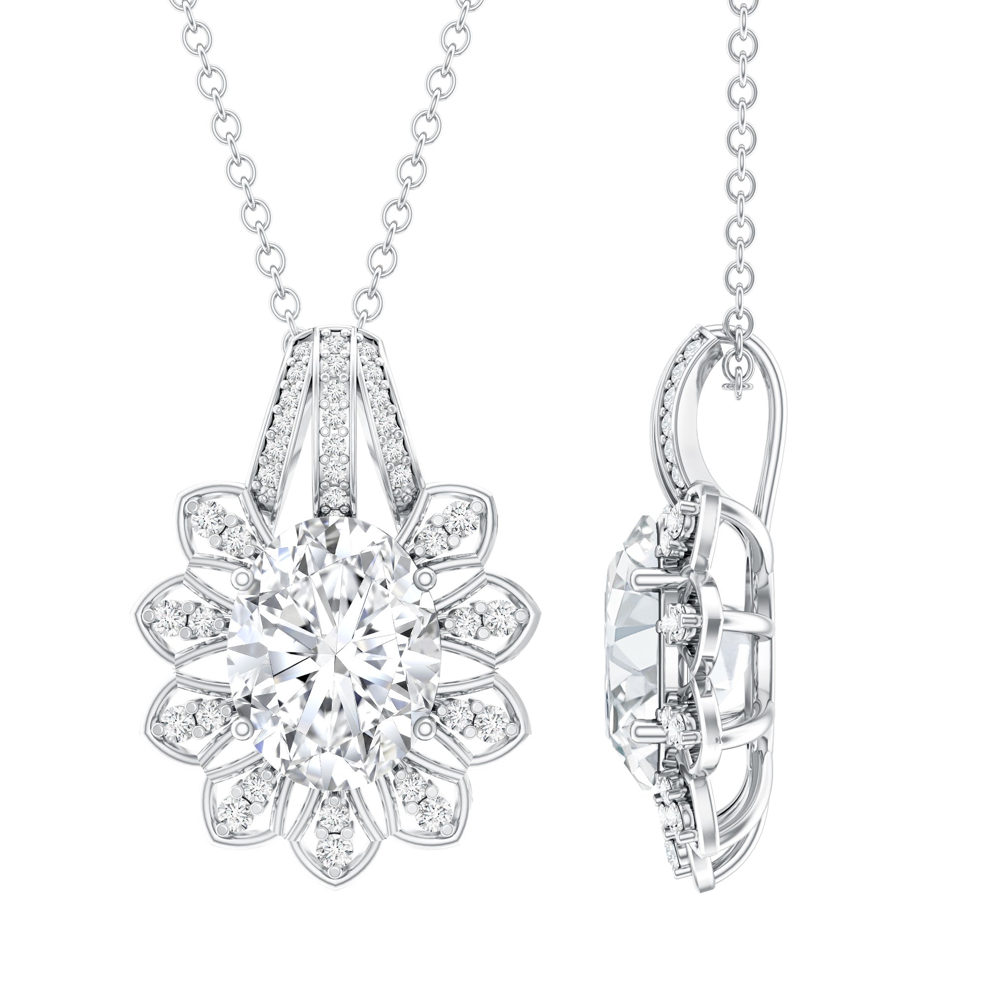 Certified 2 Carat Oval Moissanite Vintage Necklace with Silver Chain D-VS1 92.5 Sterling Silver - Rosec Jewels