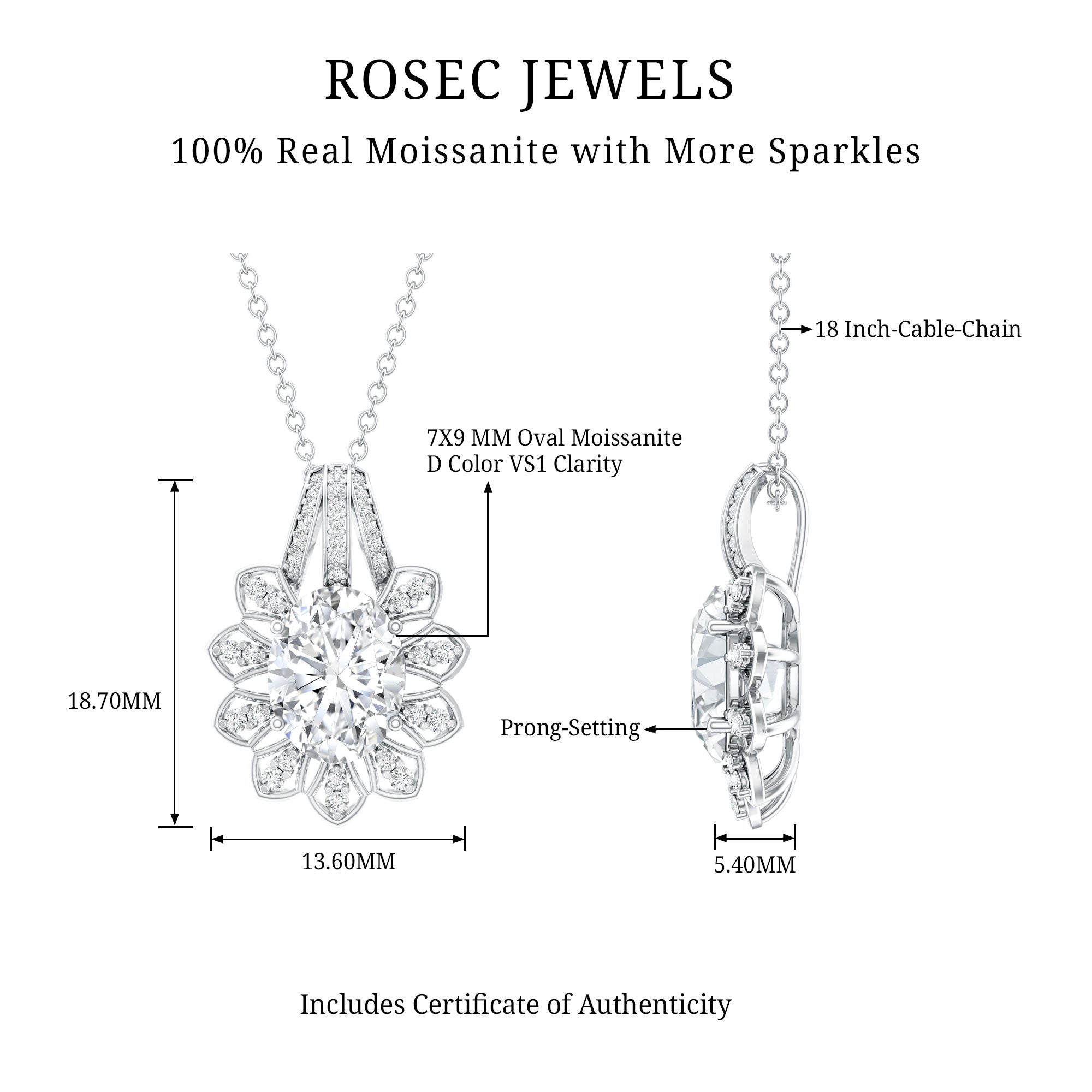 Certified 2 Carat Oval Moissanite Vintage Necklace with Silver Chain D-VS1 92.5 Sterling Silver - Rosec Jewels