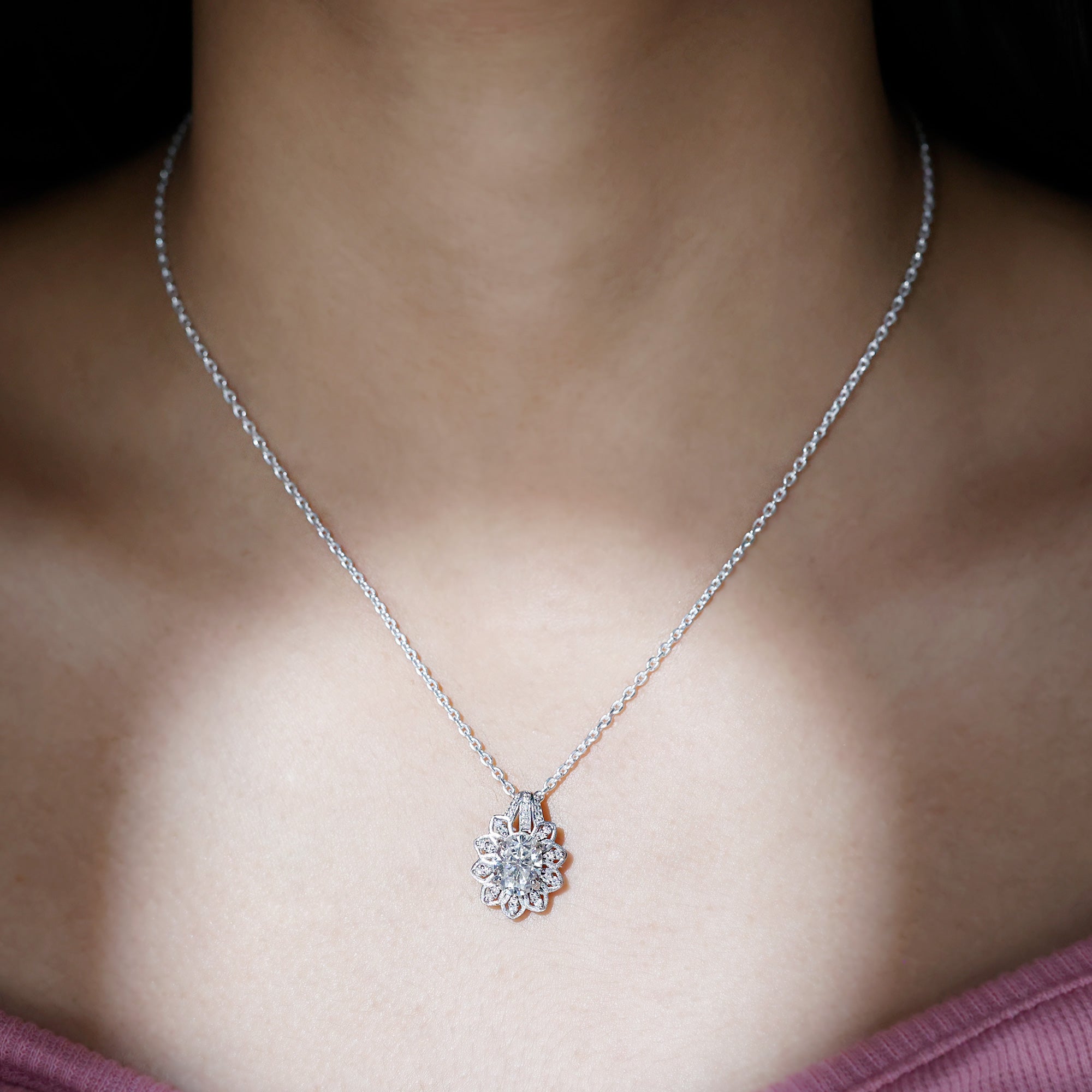 Certified 2 Carat Oval Moissanite Vintage Necklace with Silver Chain D-VS1 92.5 Sterling Silver - Rosec Jewels