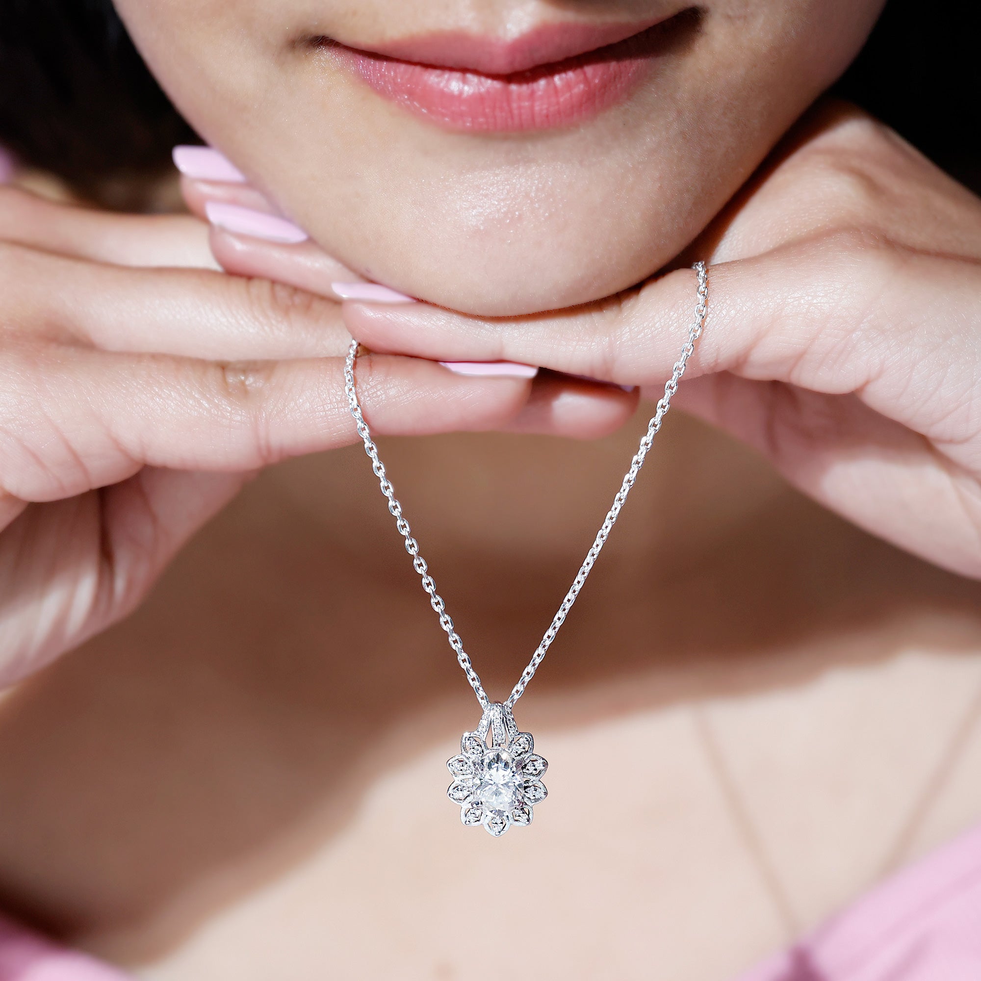 Certified 2 Carat Oval Moissanite Vintage Necklace with Silver Chain D-VS1 92.5 Sterling Silver - Rosec Jewels