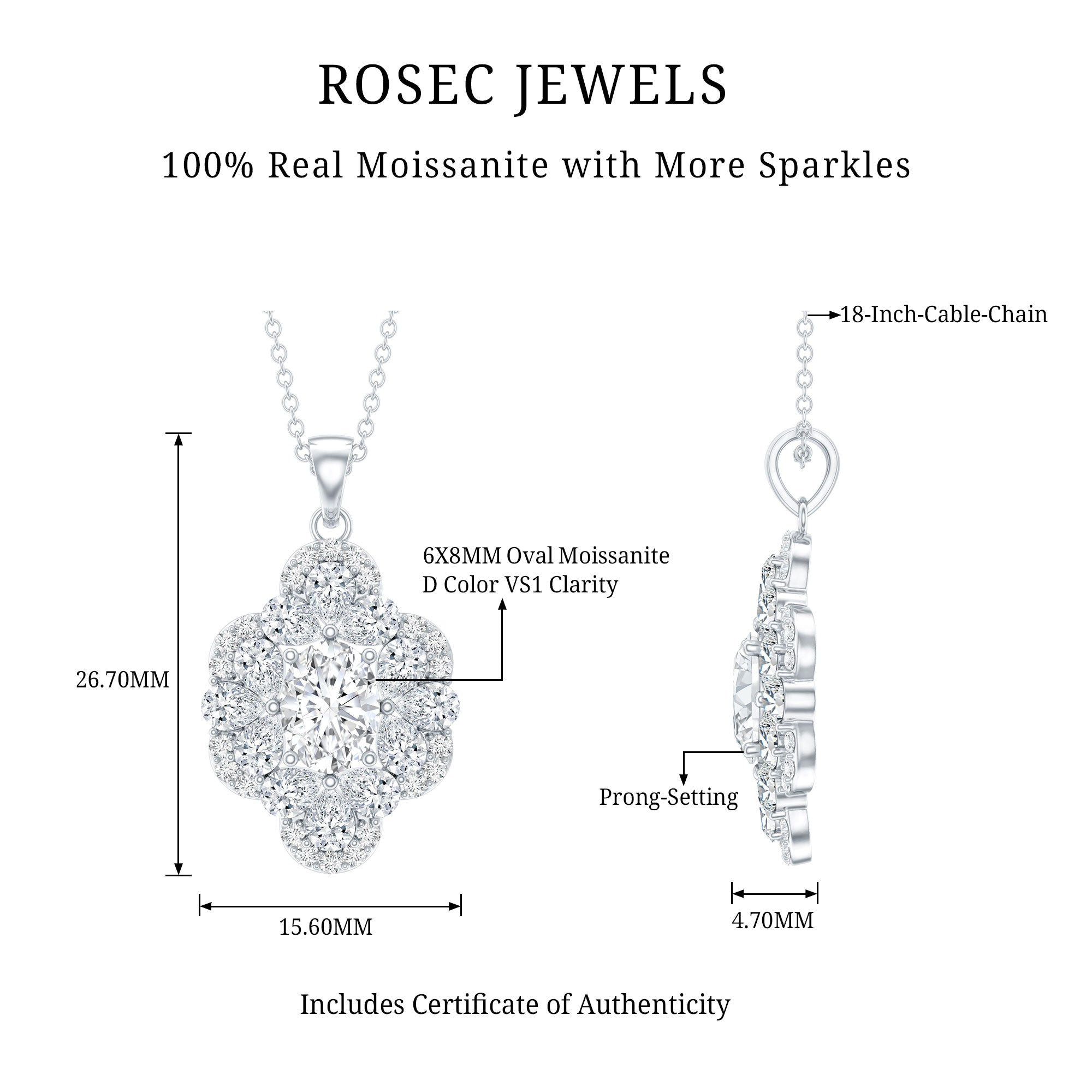 Certified Moissanite Flower Necklace for Wedding D-VS1 92.5 Sterling Silver - Rosec Jewels