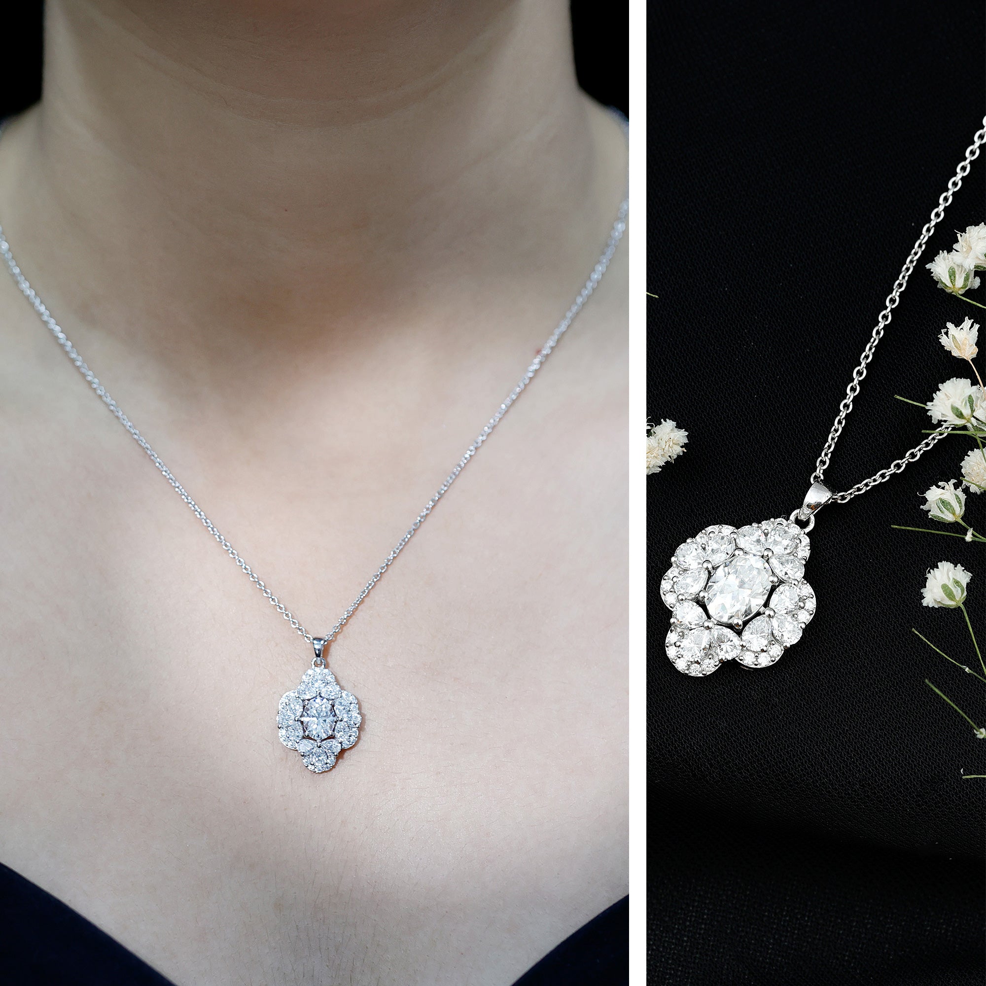 Certified Moissanite Flower Necklace for Wedding D-VS1 92.5 Sterling Silver - Rosec Jewels