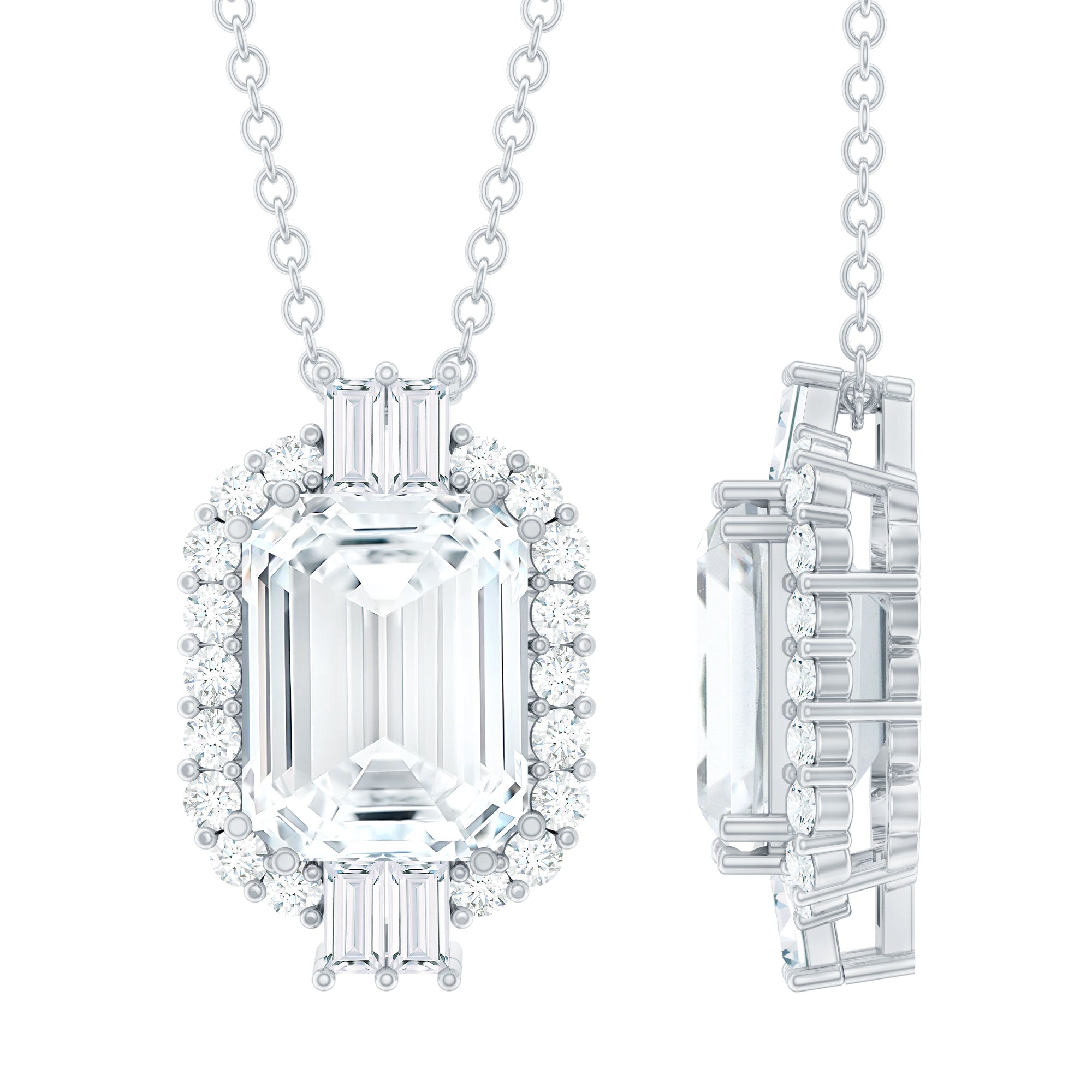 Vintage Inspired 2.8 Carat Emerald Cut Moissanite Halo Necklace D-VS1 92.5 Sterling Silver - Rosec Jewels