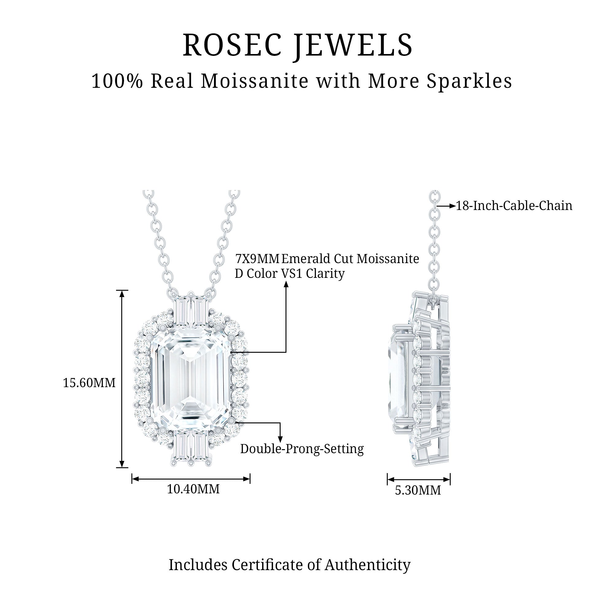 Vintage Inspired 2.8 Carat Emerald Cut Moissanite Halo Necklace D-VS1 92.5 Sterling Silver - Rosec Jewels