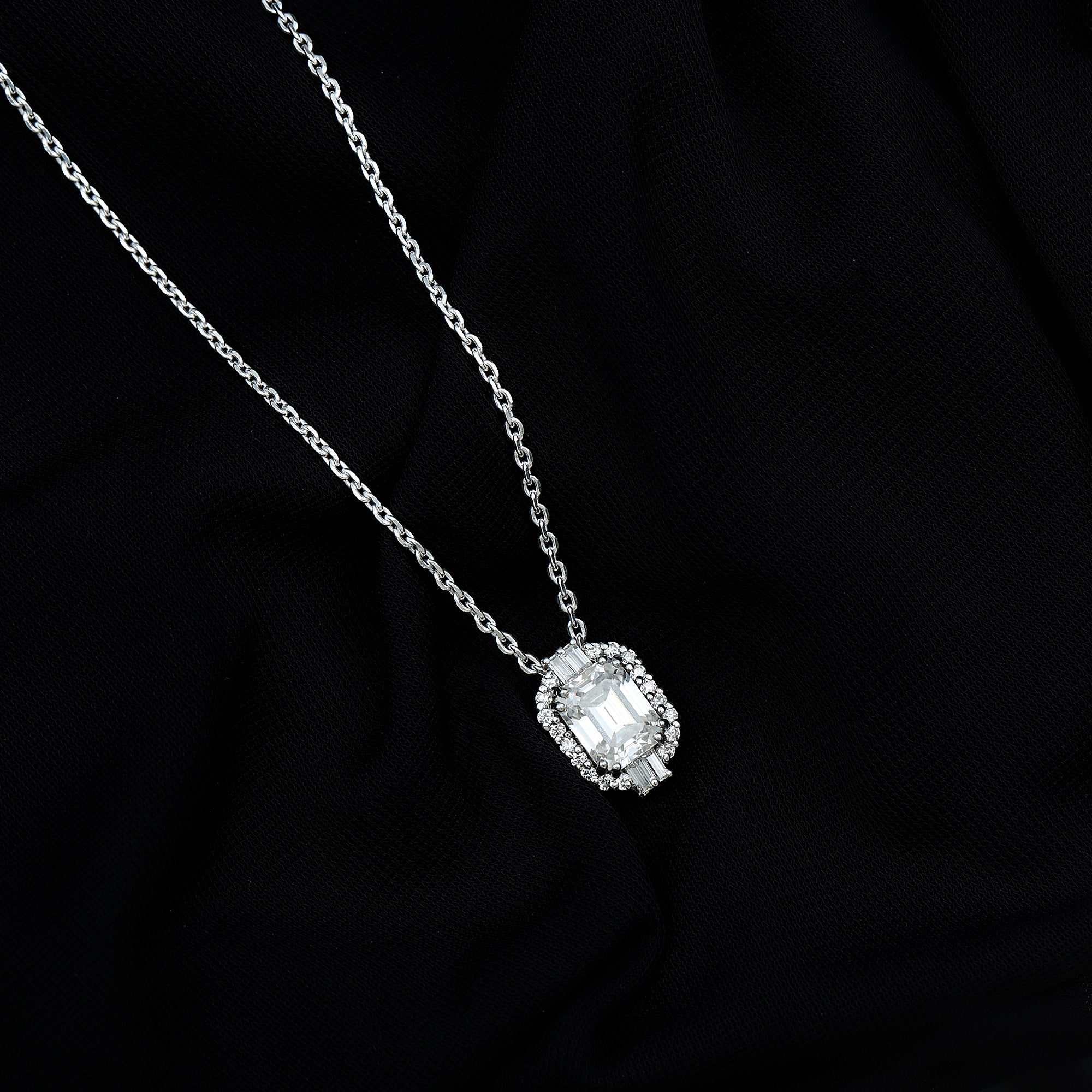Vintage Inspired 2.8 Carat Emerald Cut Moissanite Halo Necklace D-VS1 92.5 Sterling Silver - Rosec Jewels
