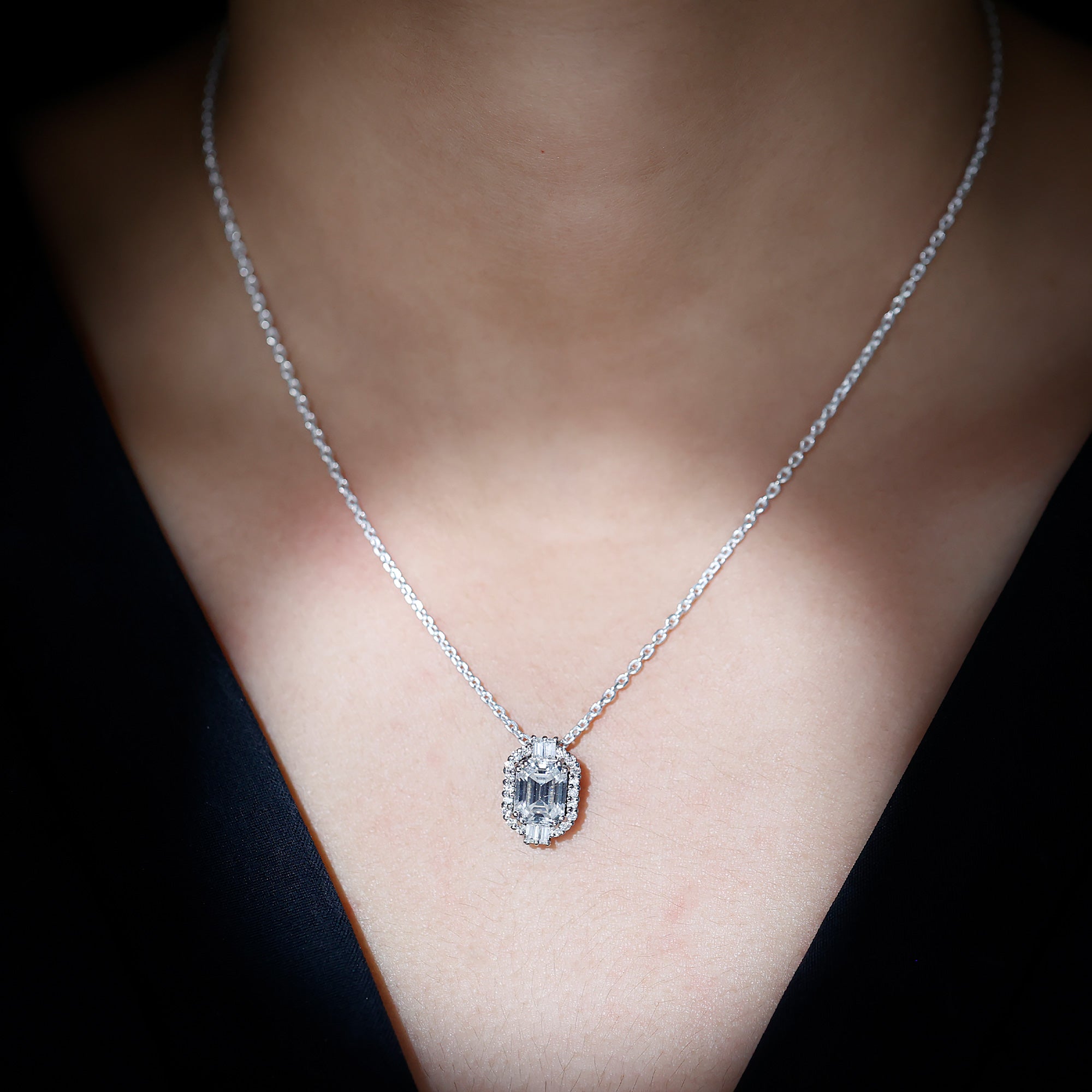 Vintage Inspired 2.8 Carat Emerald Cut Moissanite Halo Necklace D-VS1 92.5 Sterling Silver - Rosec Jewels