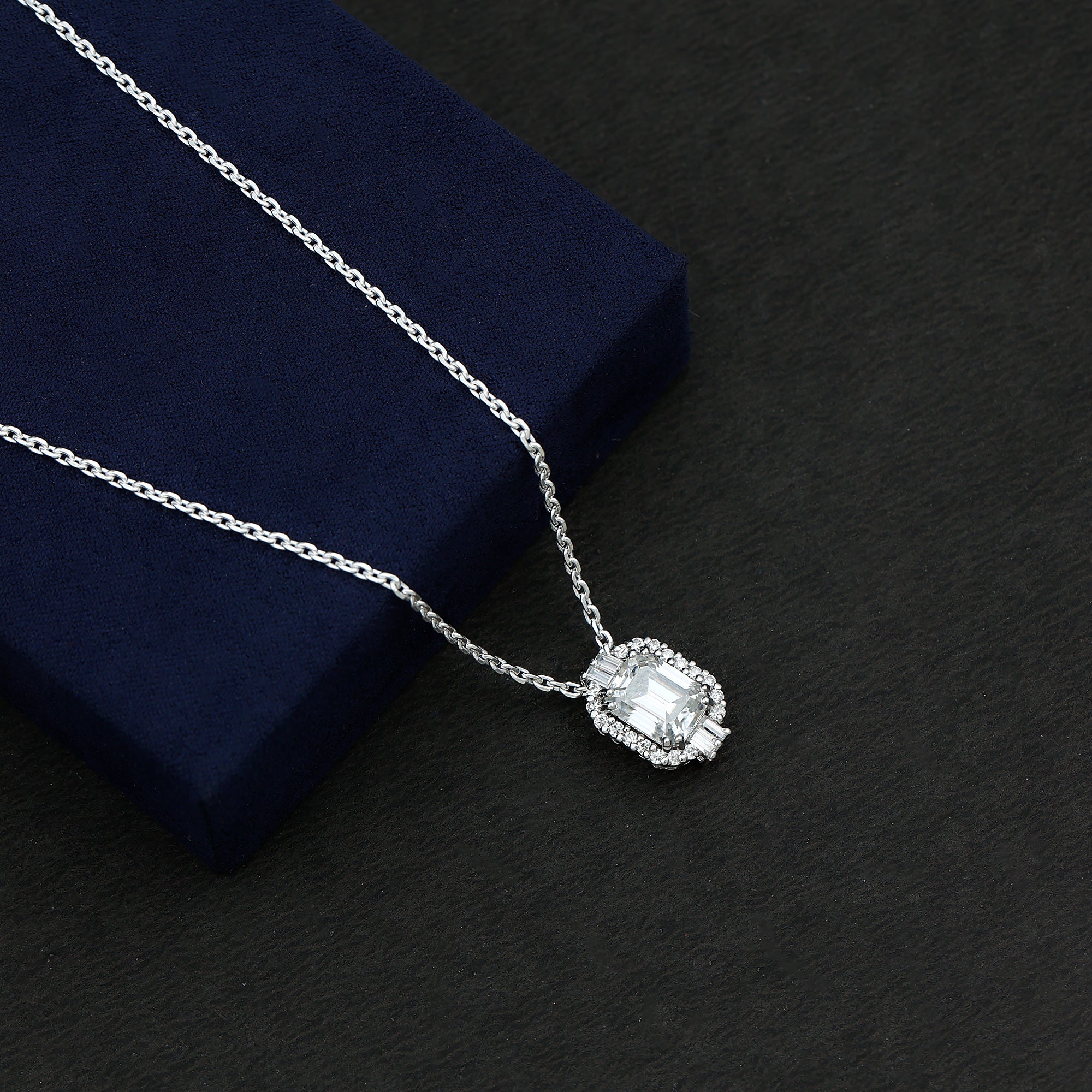 Vintage Inspired 2.8 Carat Emerald Cut Moissanite Halo Necklace D-VS1 92.5 Sterling Silver - Rosec Jewels