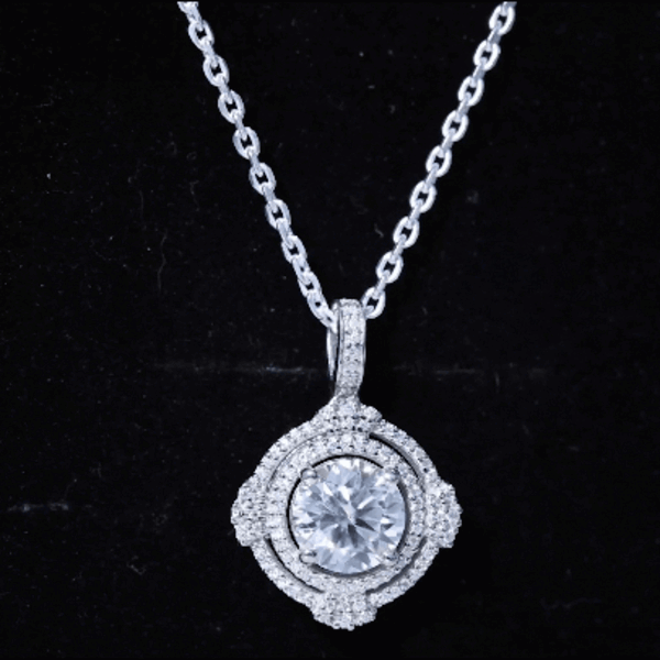 Certified 2 Carat Moissanite Double Halo Necklace with Silver Chain D-VS1 92.5 Sterling Silver - Rosec Jewels