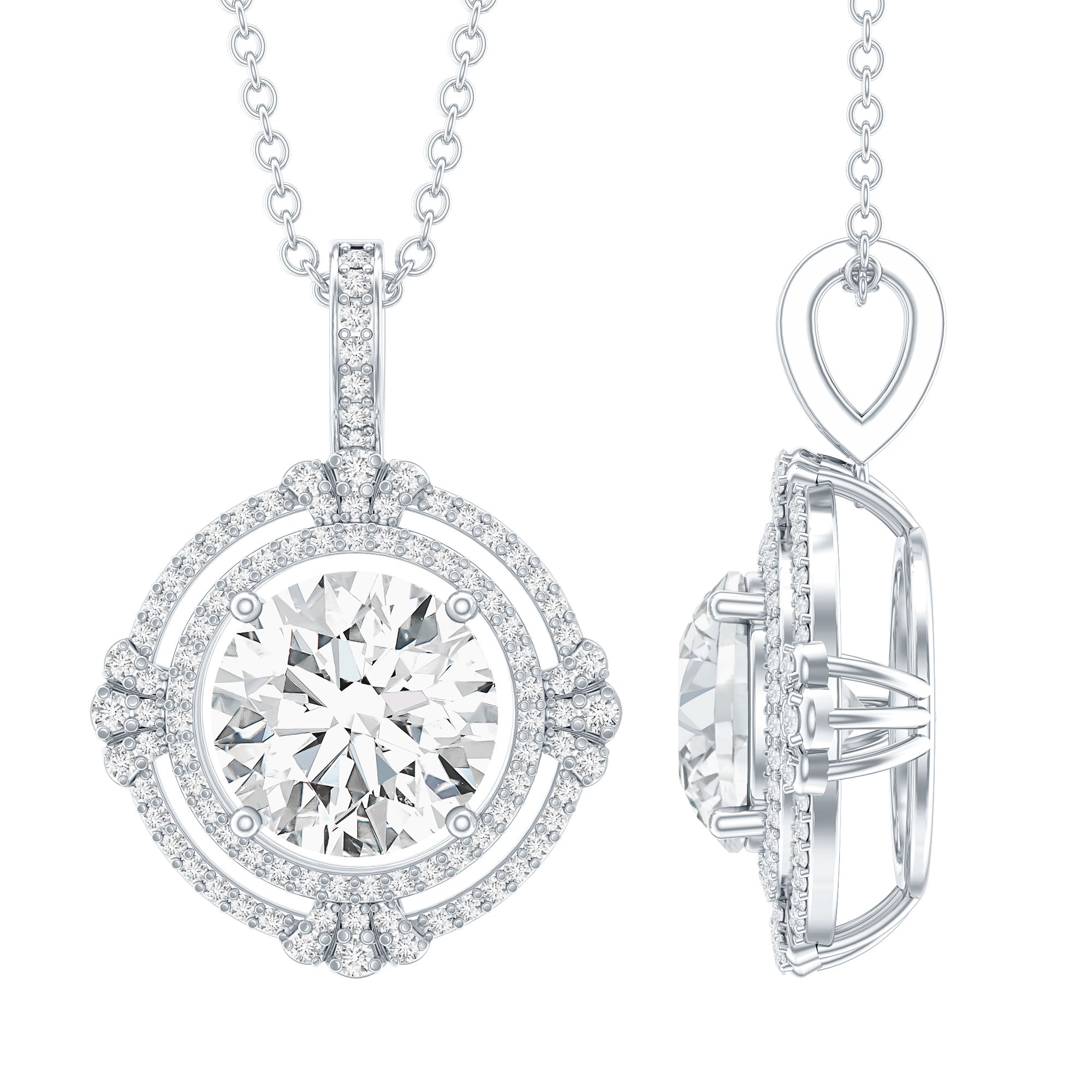 Certified 2 Carat Moissanite Double Halo Necklace with Silver Chain D-VS1 92.5 Sterling Silver - Rosec Jewels