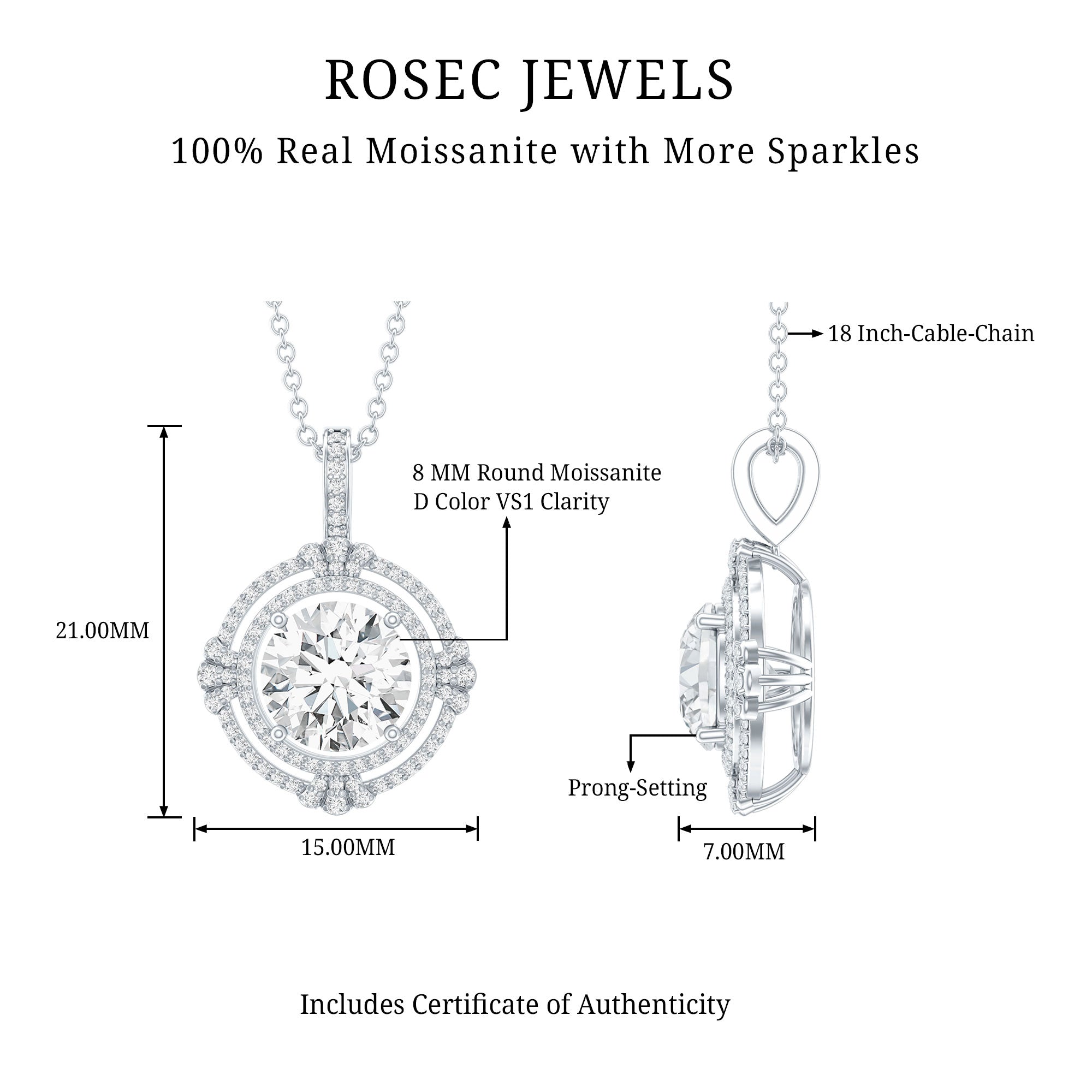 Certified 2 Carat Moissanite Double Halo Necklace with Silver Chain D-VS1 92.5 Sterling Silver - Rosec Jewels