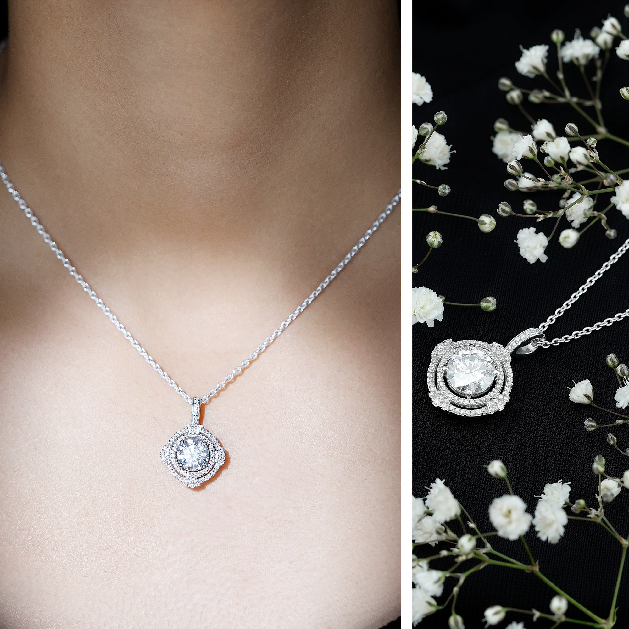 Certified 2 Carat Moissanite Double Halo Necklace with Silver Chain D-VS1 92.5 Sterling Silver - Rosec Jewels