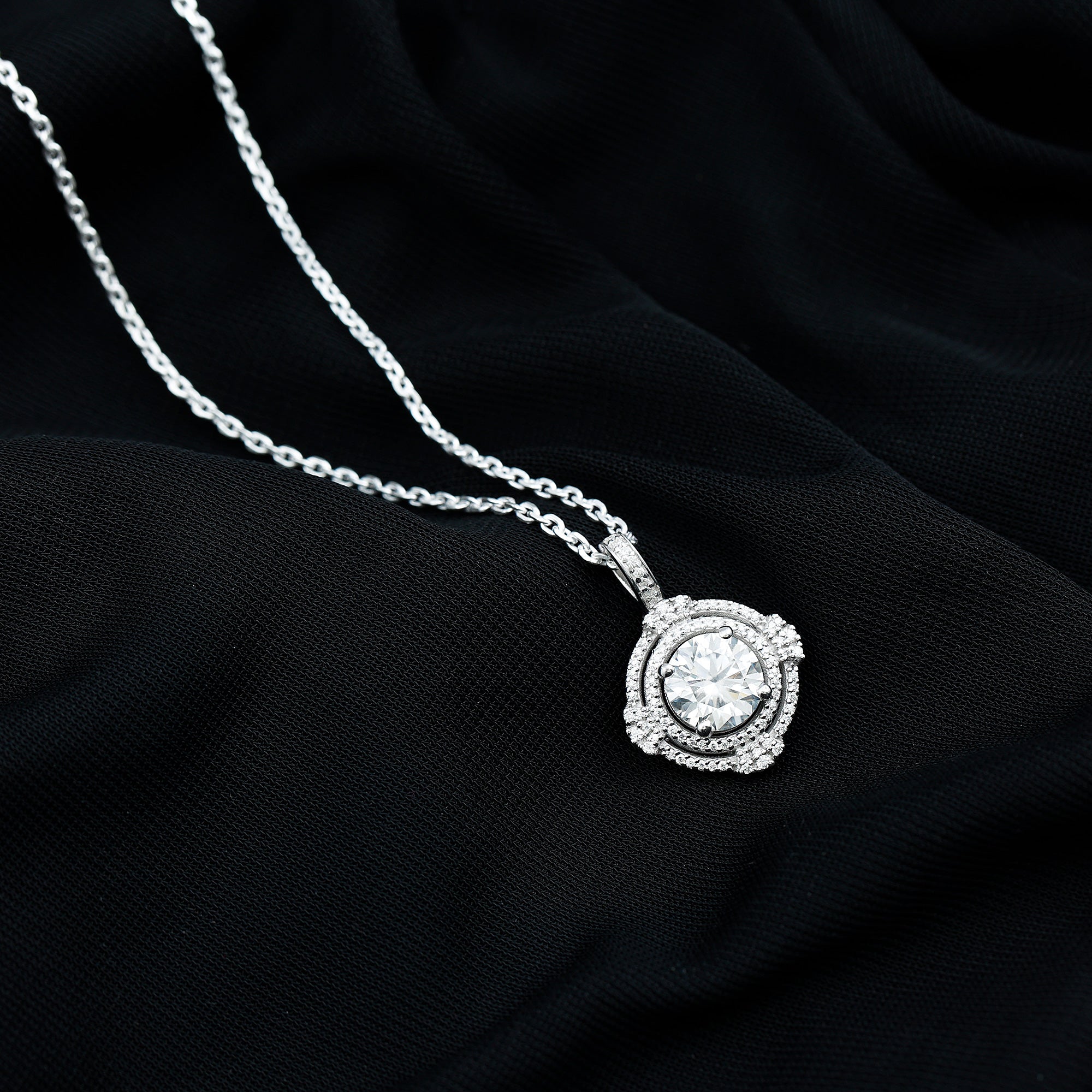 Certified 2 Carat Moissanite Double Halo Necklace with Silver Chain D-VS1 92.5 Sterling Silver - Rosec Jewels