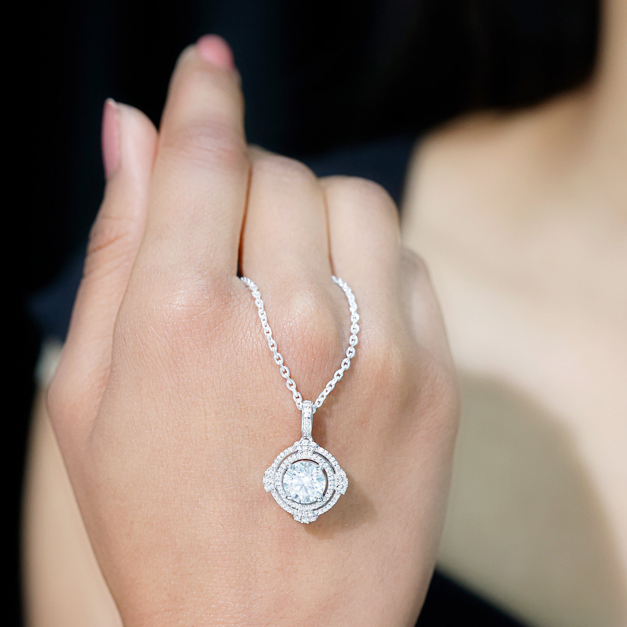 Certified 2 Carat Moissanite Double Halo Necklace with Silver Chain D-VS1 92.5 Sterling Silver - Rosec Jewels