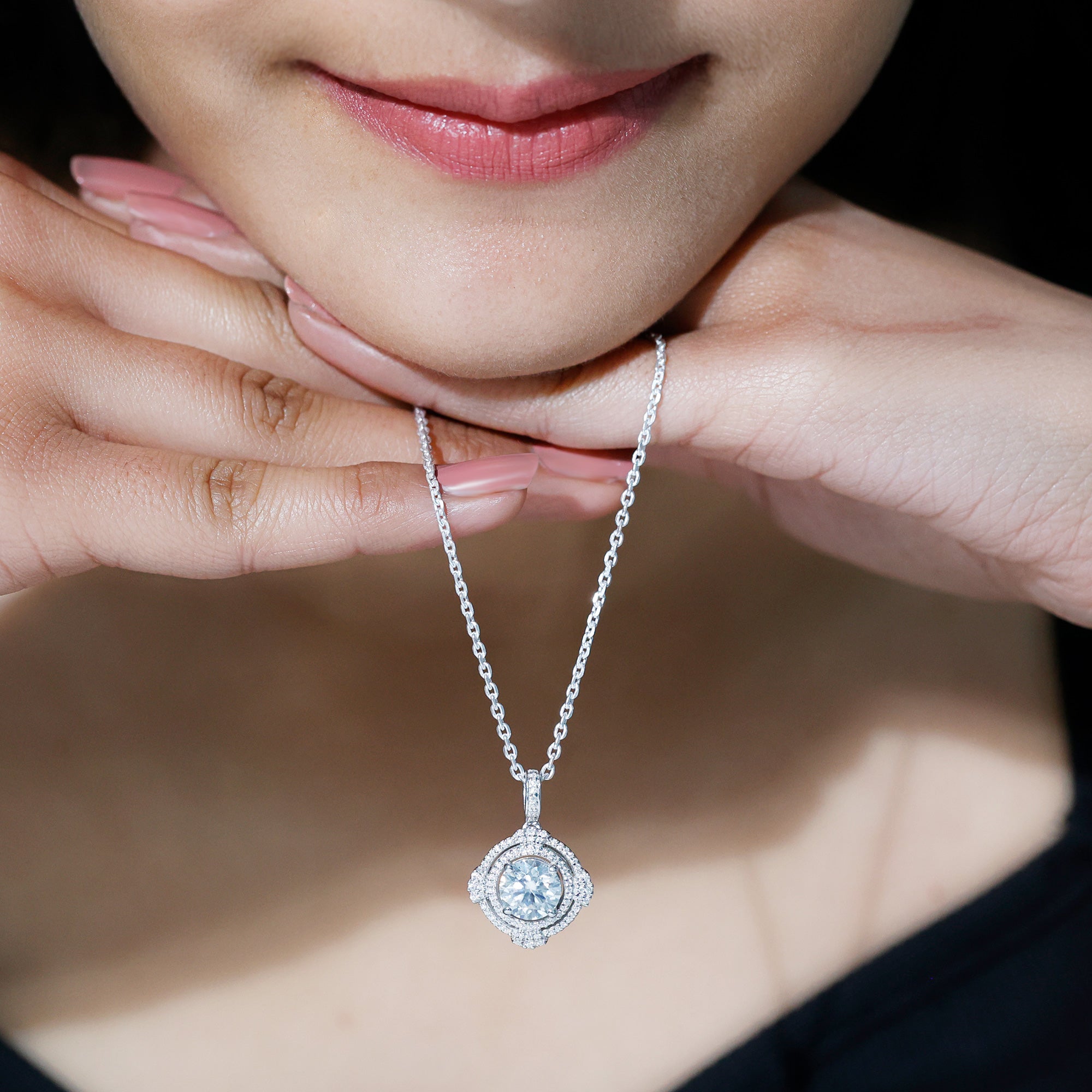 Certified 2 Carat Moissanite Double Halo Necklace with Silver Chain D-VS1 92.5 Sterling Silver - Rosec Jewels