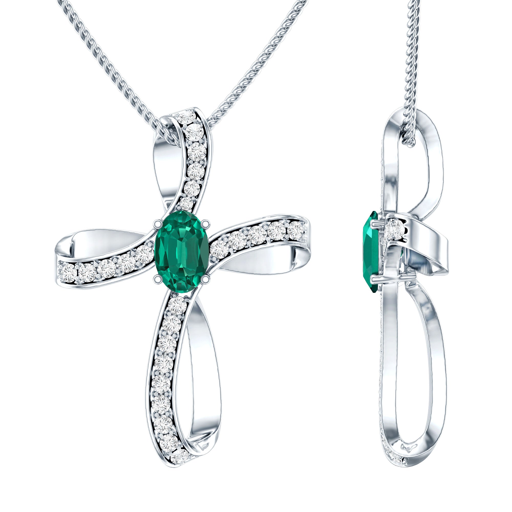 Certified Lab Grown Emerald Christian Cross Necklace With Silver Chain AAAA 92.5 Sterling Silver - Rosec Jewels