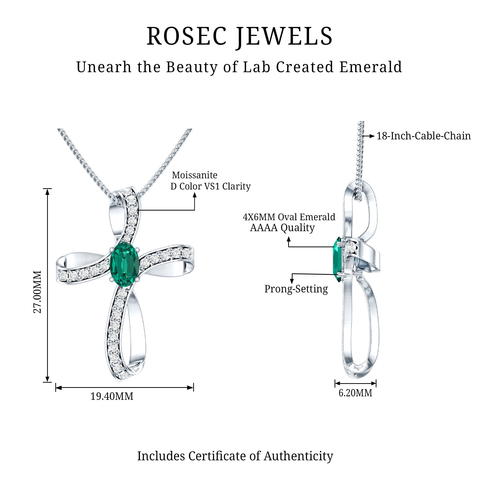 Certified Lab Grown Emerald Christian Cross Necklace With Silver Chain AAAA 92.5 Sterling Silver - Rosec Jewels