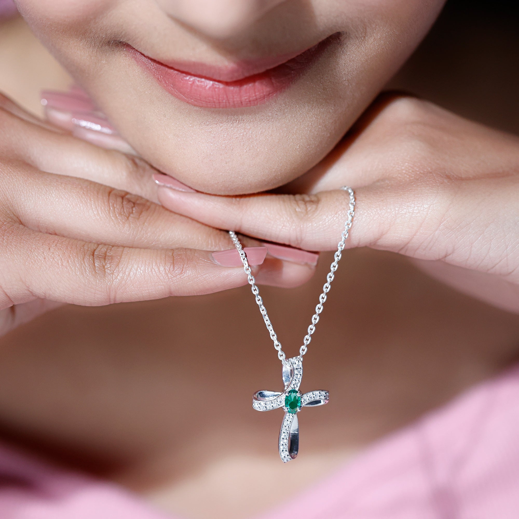 Certified Lab Grown Emerald Christian Cross Necklace With Silver Chain AAAA 92.5 Sterling Silver - Rosec Jewels
