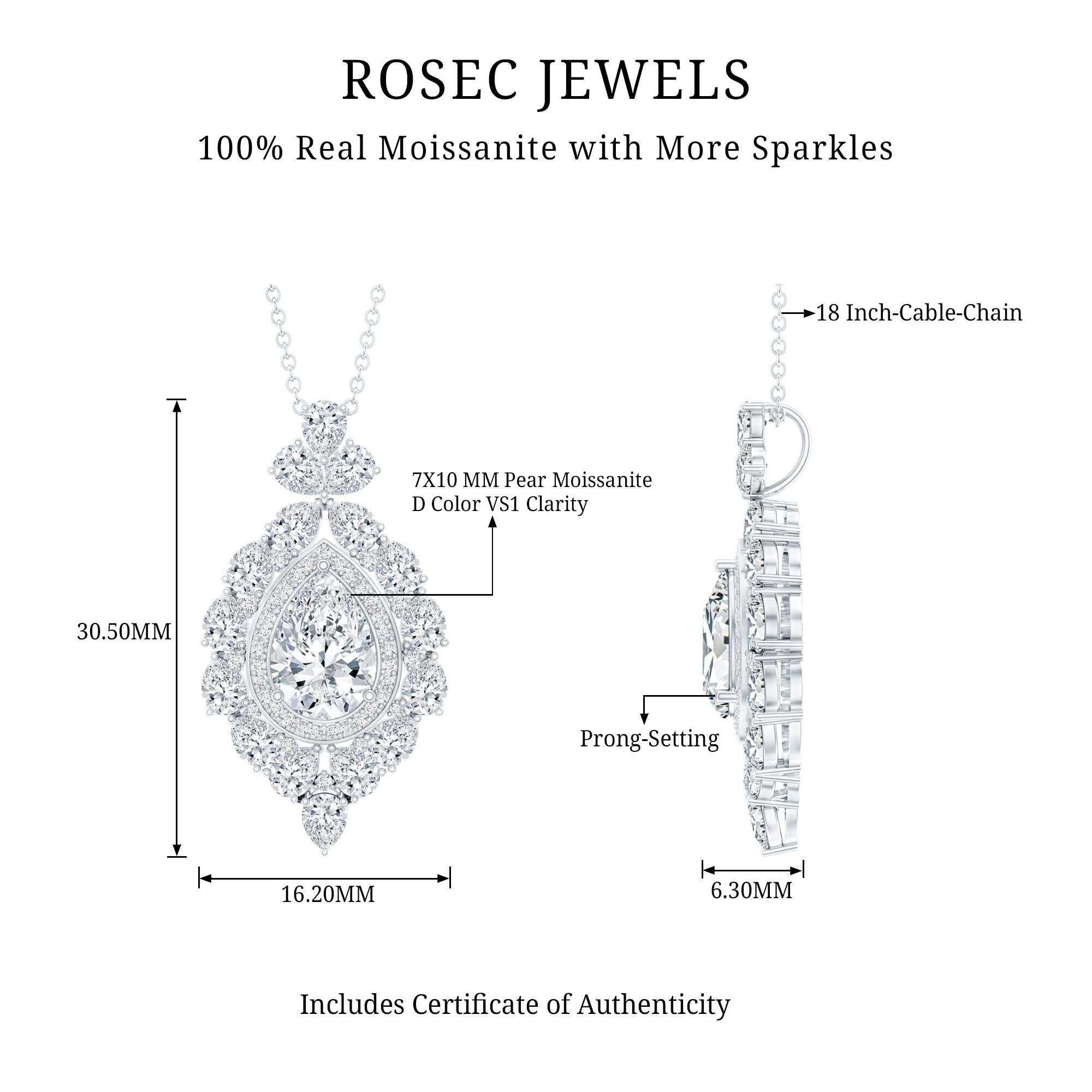 Certified 2.2 Carat Pear Shaped Moissanite Bridal Necklace with Silver Chain D-VS1 92.5 Sterling Silver - Rosec Jewels