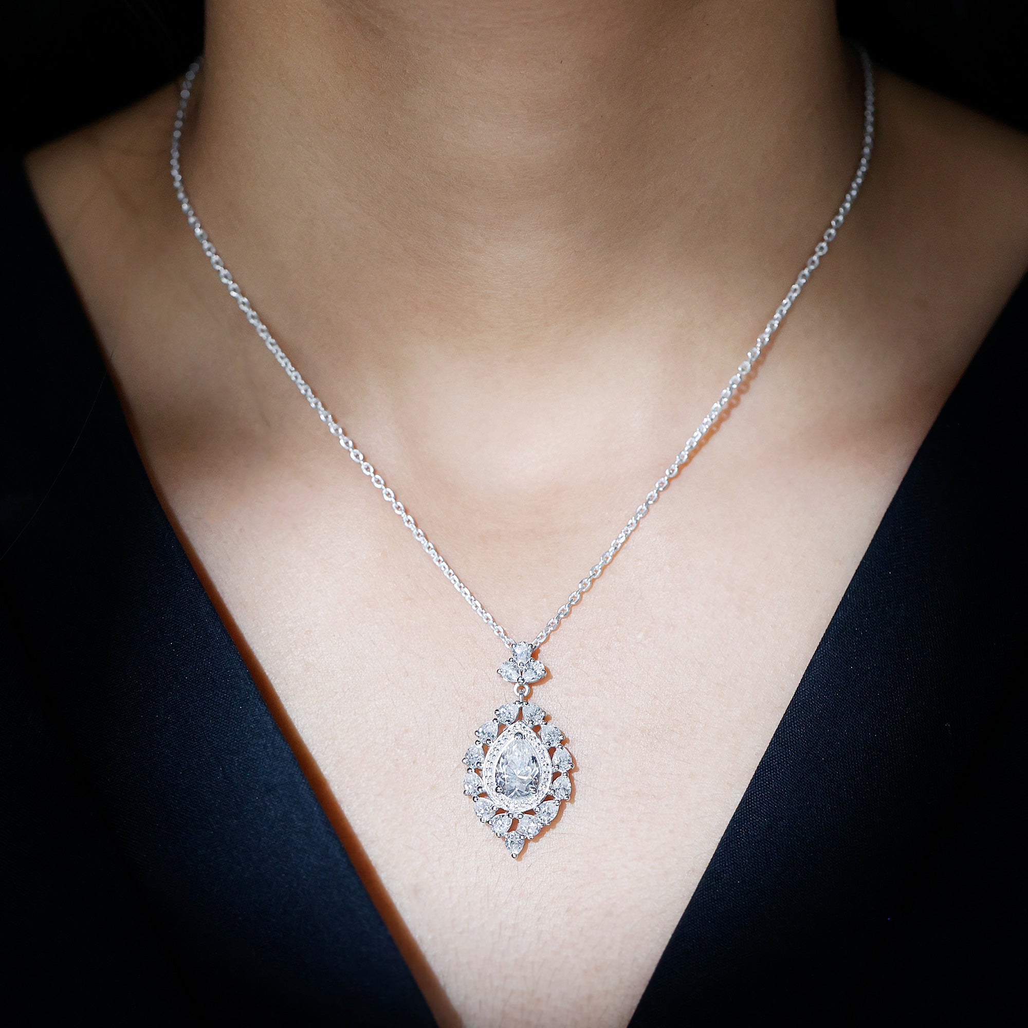 Certified 2.2 Carat Pear Shaped Moissanite Bridal Necklace with Silver Chain D-VS1 92.5 Sterling Silver - Rosec Jewels