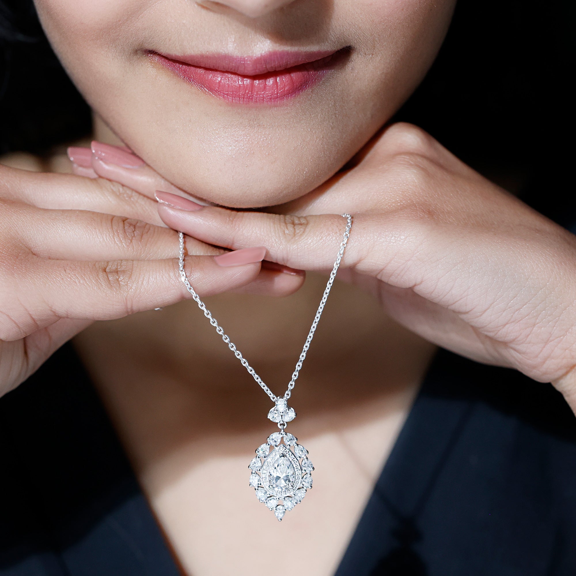 Certified 2.2 Carat Pear Shaped Moissanite Bridal Necklace with Silver Chain D-VS1 92.5 Sterling Silver - Rosec Jewels