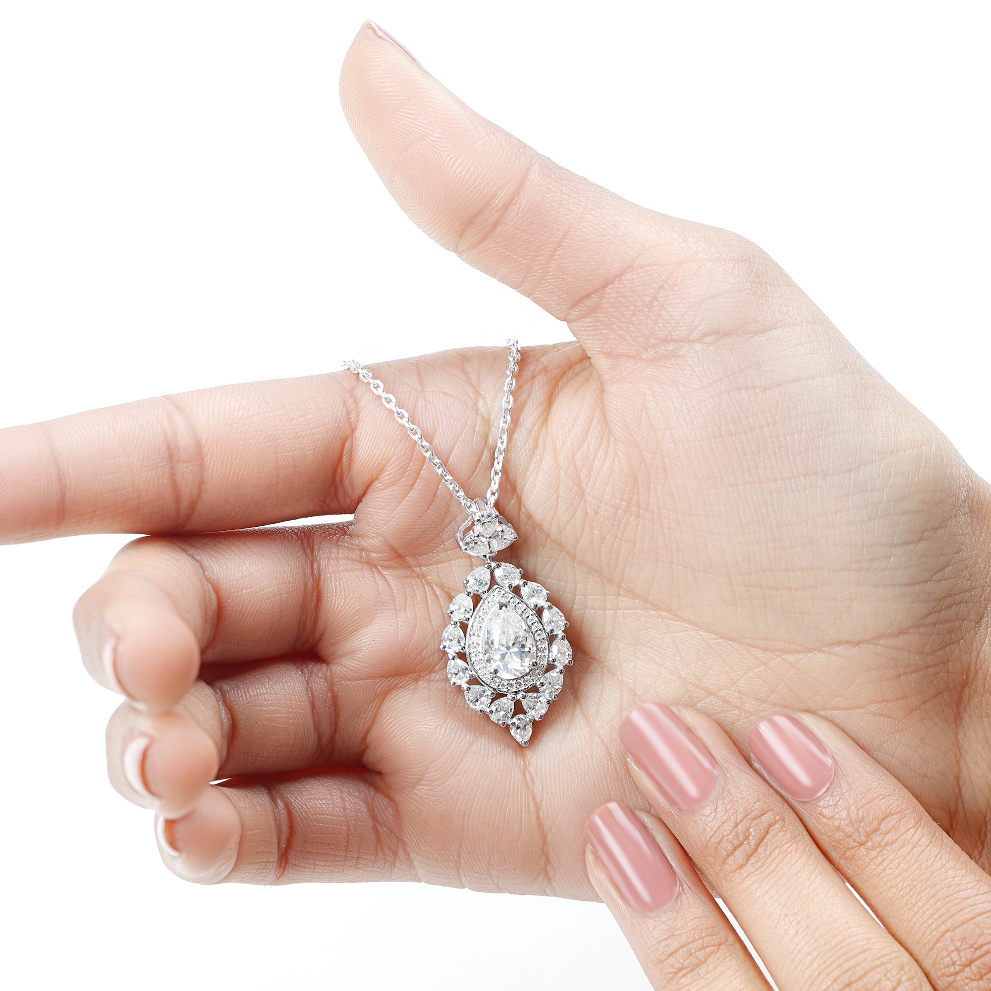 Certified 2.2 Carat Pear Shaped Moissanite Bridal Necklace with Silver Chain D-VS1 92.5 Sterling Silver - Rosec Jewels