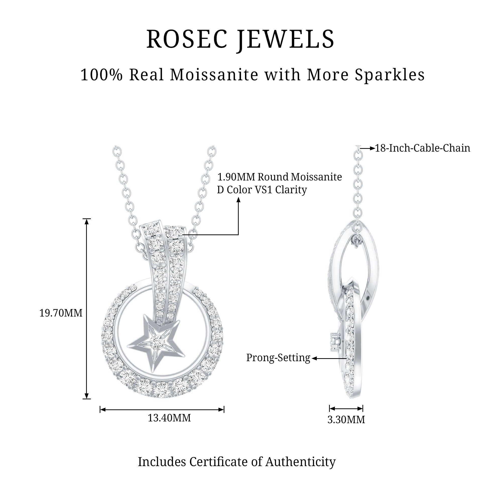 Certified Moissanite Shooting Star Pendant with Silver Chain D-VS1 92.5 Sterling Silver - Rosec Jewels