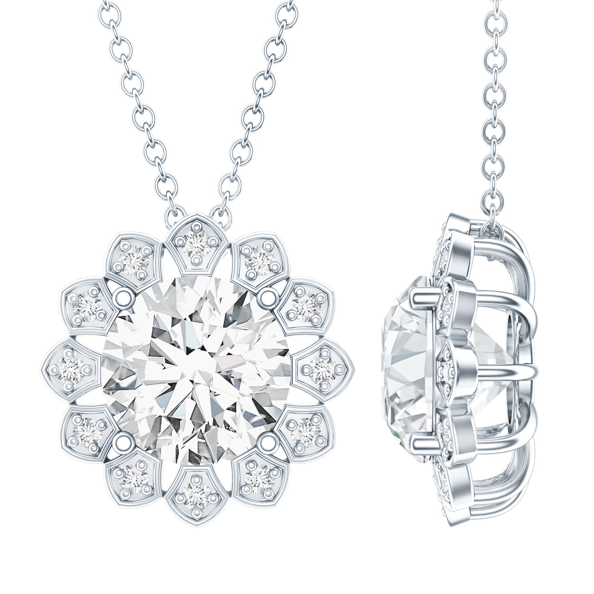 Certified 2 CT Moissanite Statement Flower Necklace with Silver Chain D-VS1 92.5 Sterling Silver - Rosec Jewels