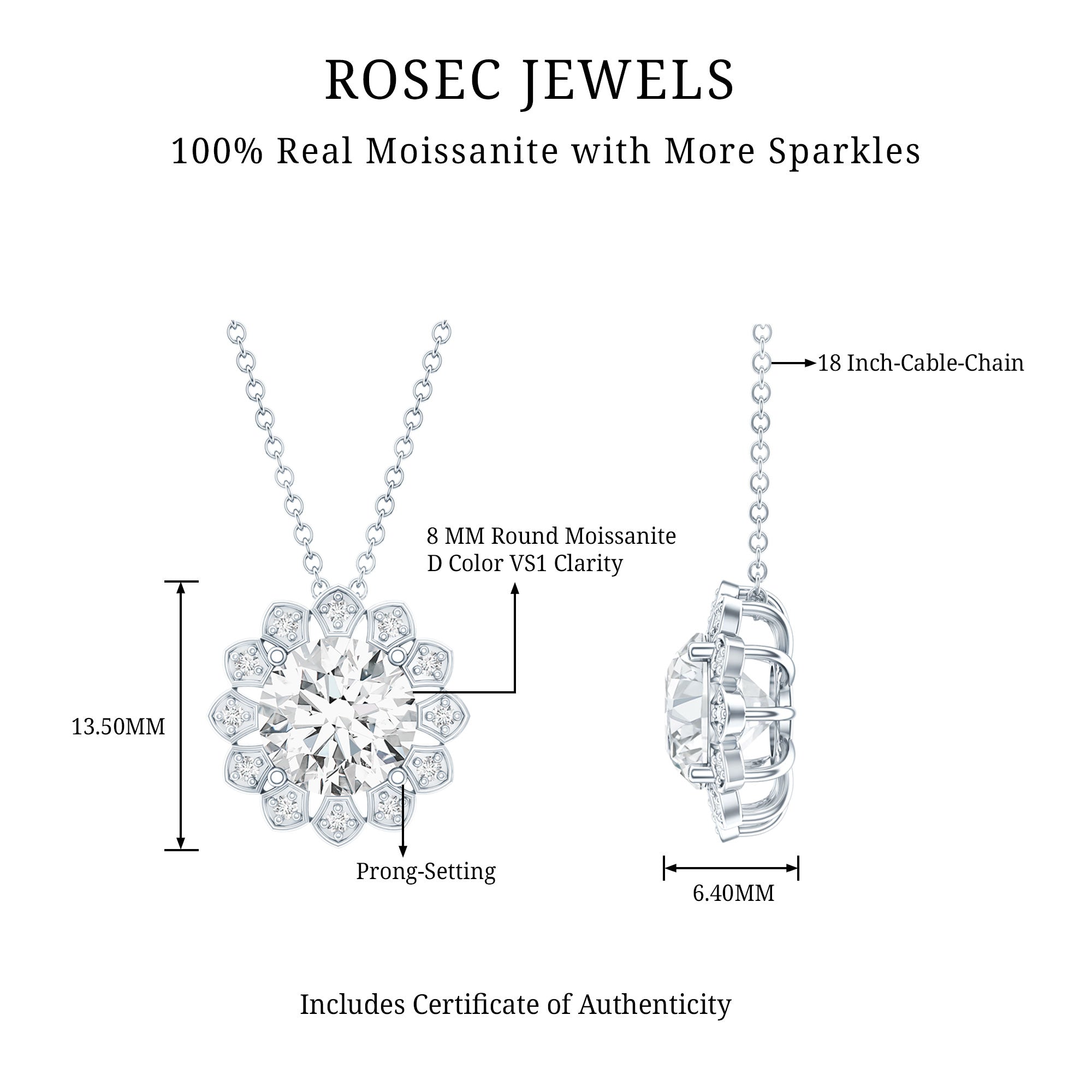 Certified 2 CT Moissanite Statement Flower Necklace with Silver Chain D-VS1 92.5 Sterling Silver - Rosec Jewels