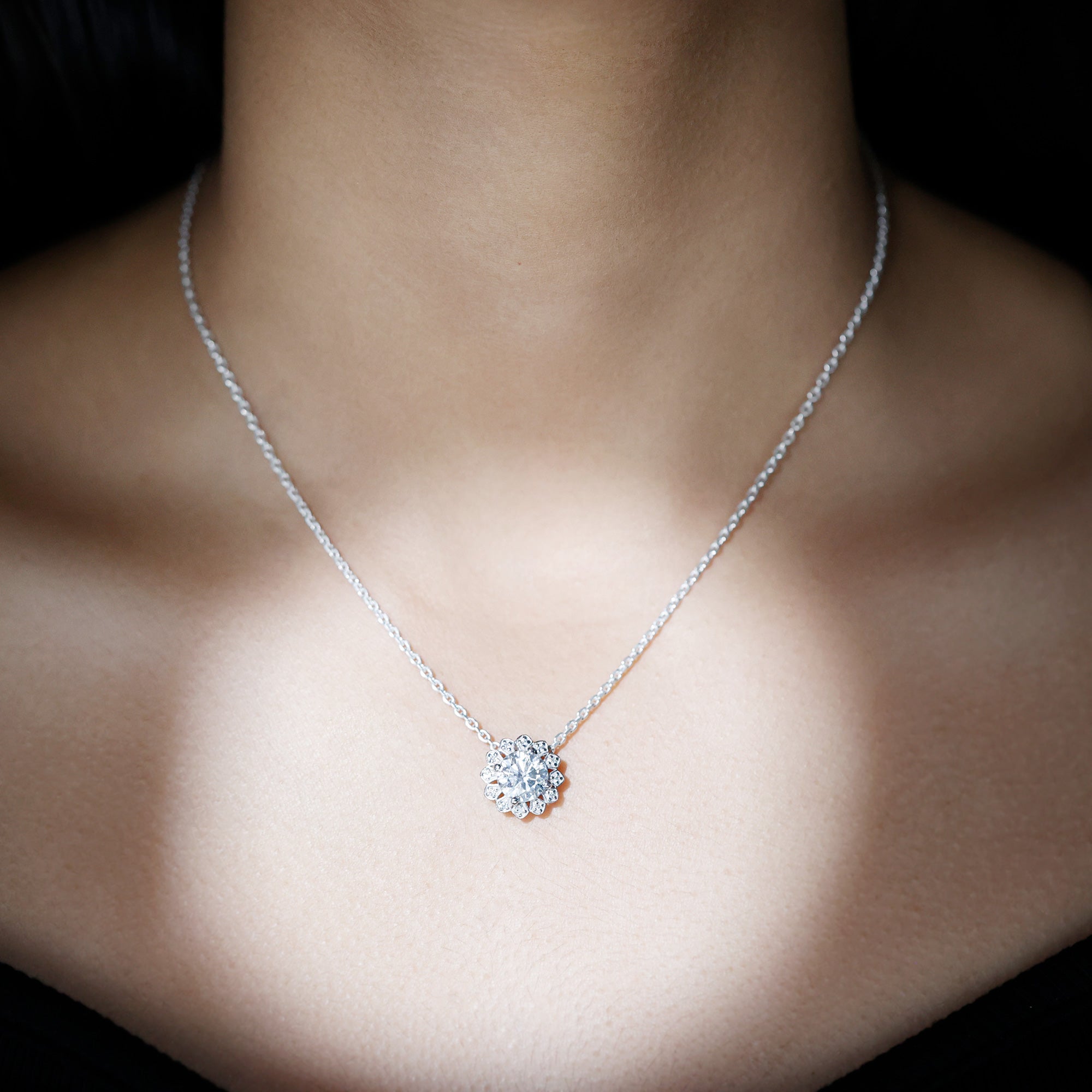 Certified 2 CT Moissanite Statement Flower Necklace with Silver Chain D-VS1 92.5 Sterling Silver - Rosec Jewels