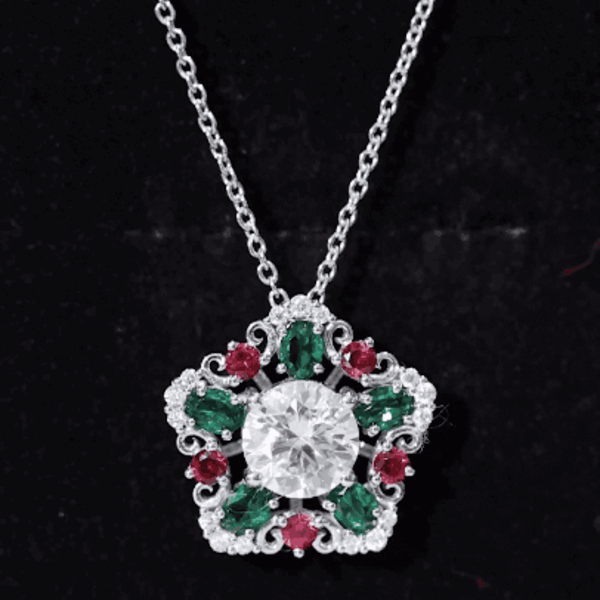 Certified 2 Carat Moissanite Statement Necklace with Lab Ruby and Emerald D-VS1 92.5 Sterling Silver - Rosec Jewels