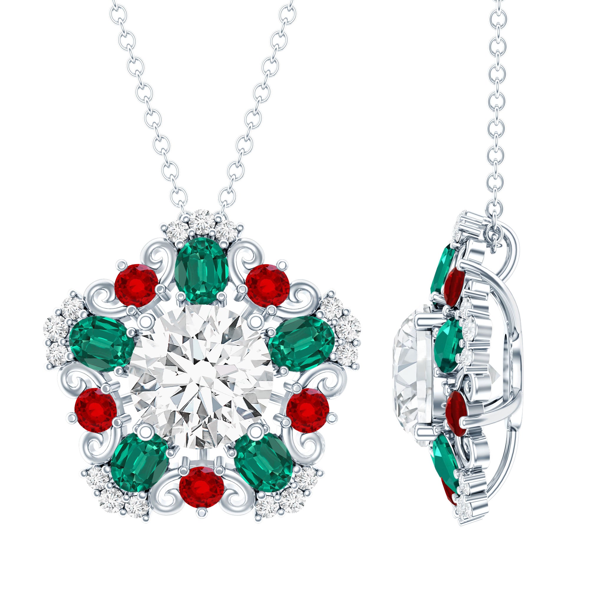 Certified 2 Carat Moissanite Statement Necklace with Lab Ruby and Emerald D-VS1 92.5 Sterling Silver - Rosec Jewels