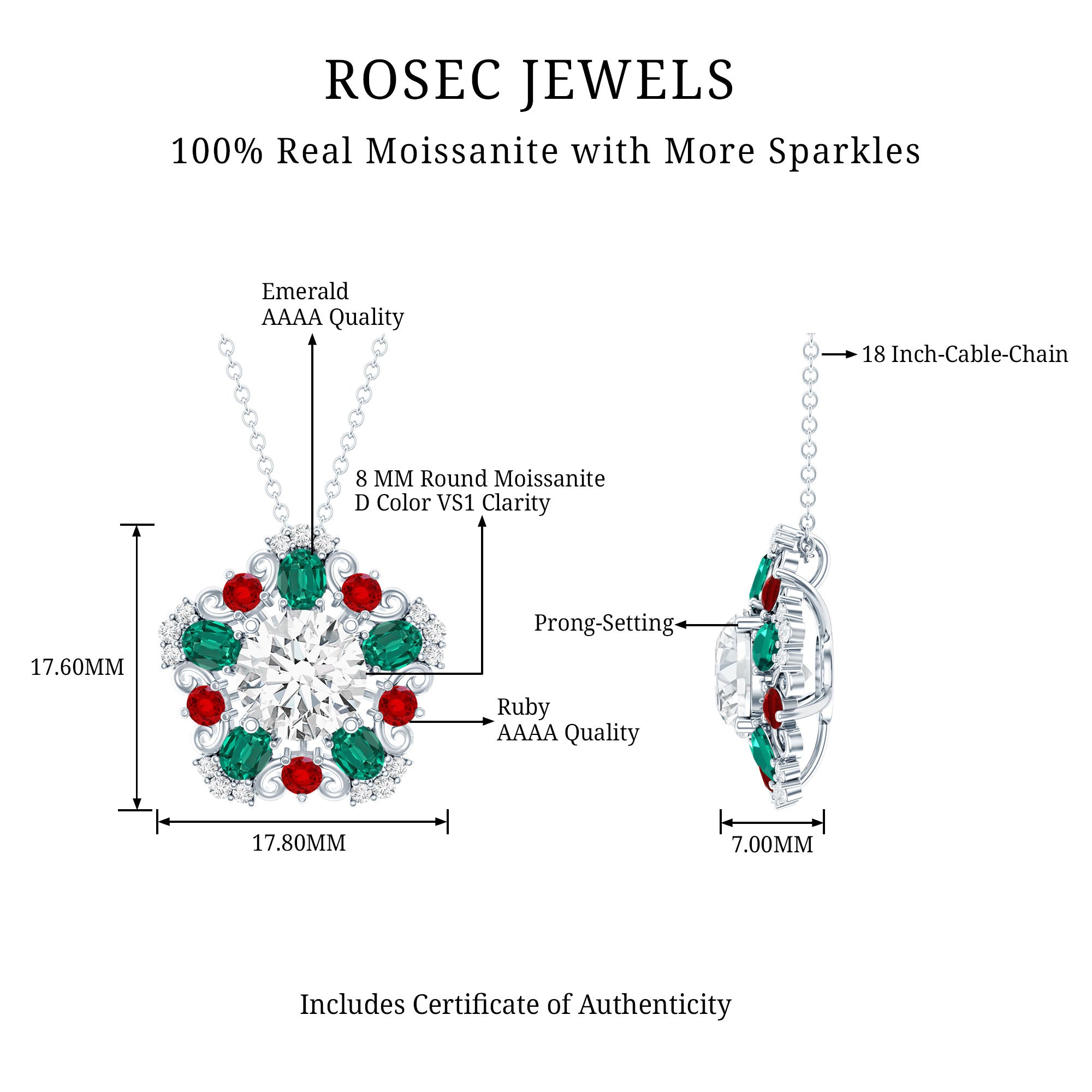 Certified 2 Carat Moissanite Statement Necklace with Lab Ruby and Emerald D-VS1 92.5 Sterling Silver - Rosec Jewels