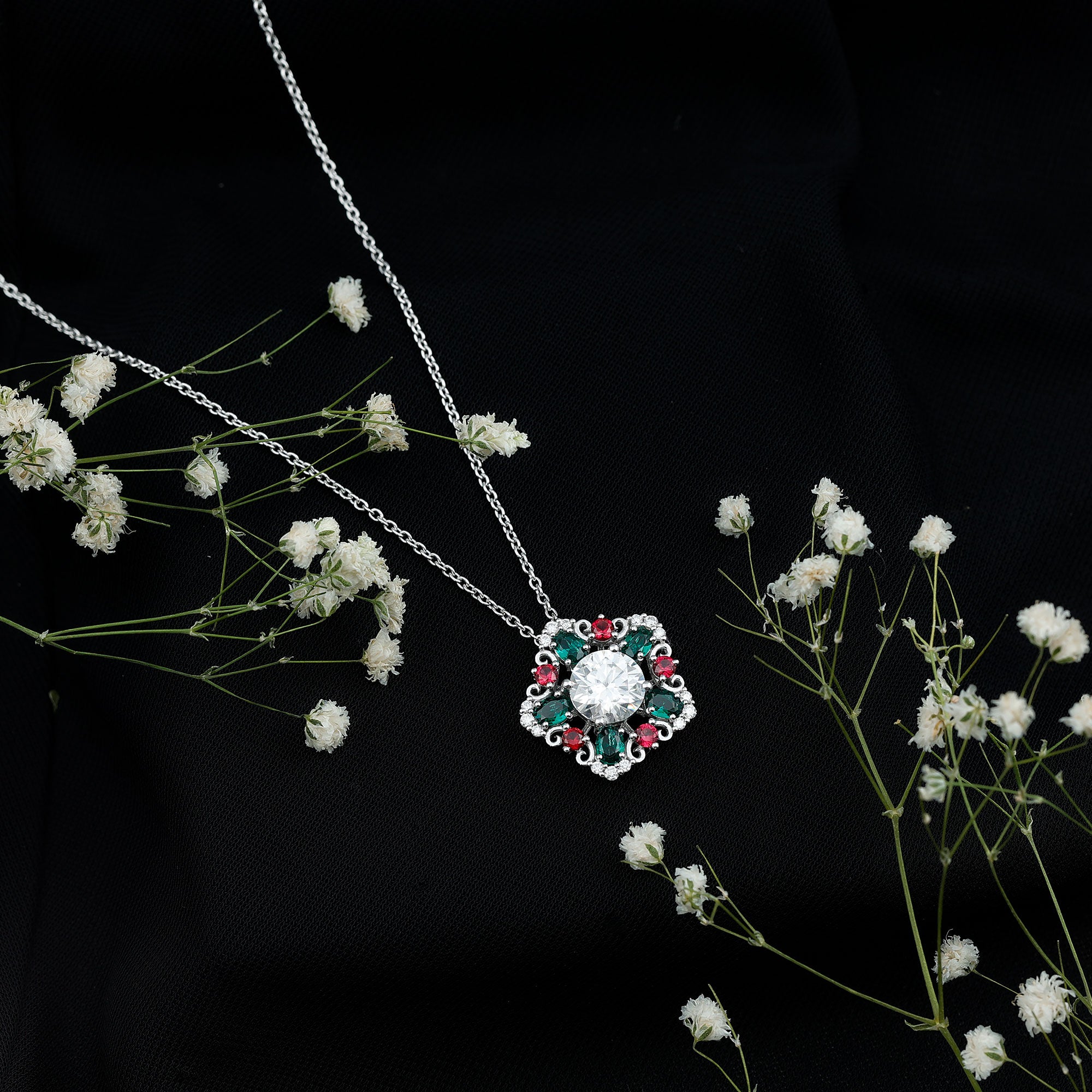 Certified 2 Carat Moissanite Statement Necklace with Lab Ruby and Emerald D-VS1 92.5 Sterling Silver - Rosec Jewels