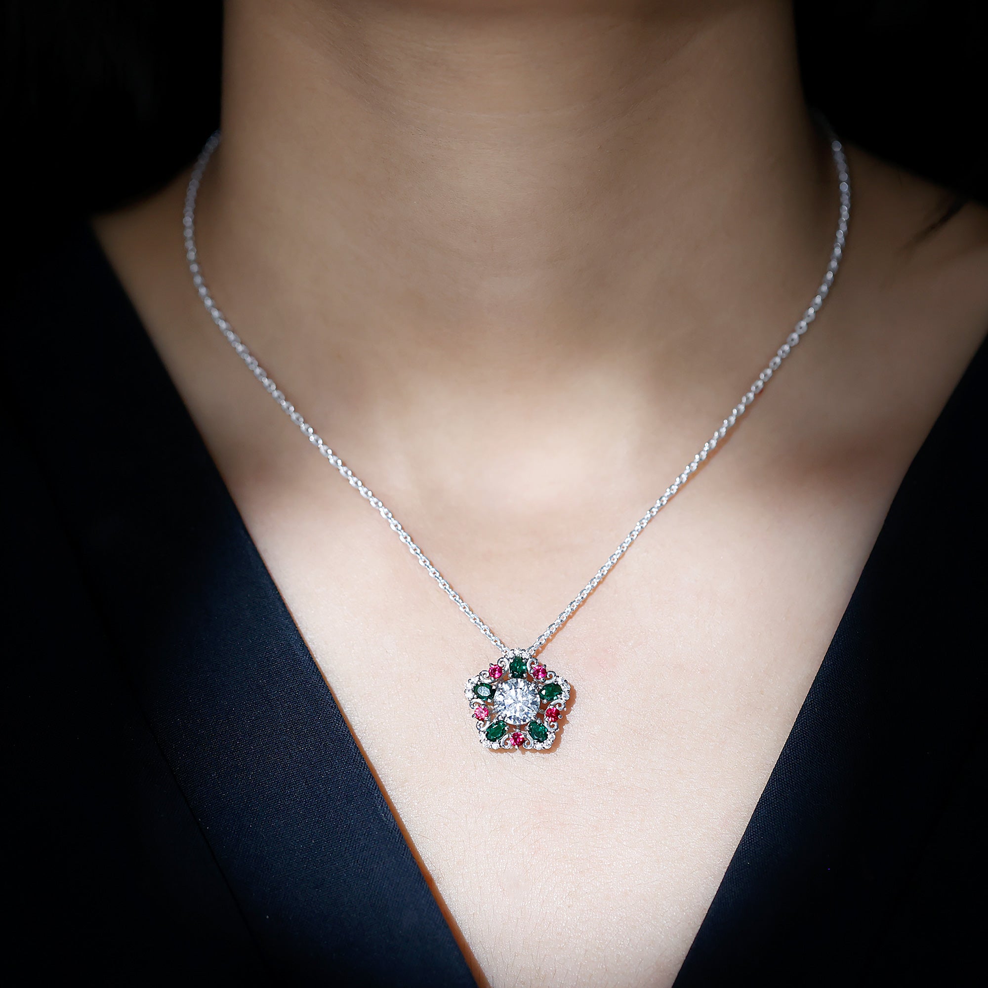 Certified 2 Carat Moissanite Statement Necklace with Lab Ruby and Emerald D-VS1 92.5 Sterling Silver - Rosec Jewels